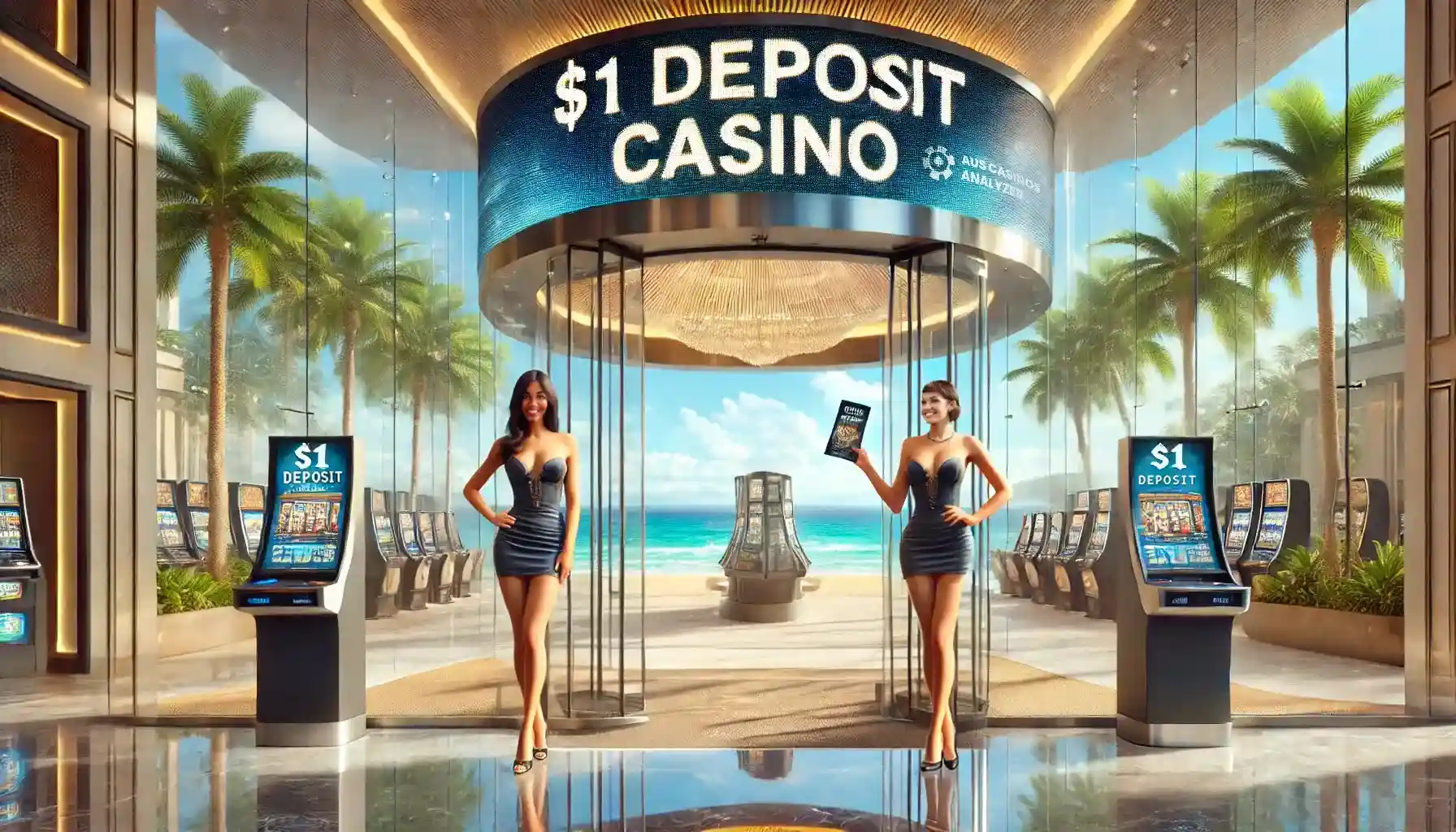 Luxury  Deposit Casino Australia with a beachfront view and hostesses welcoming guests