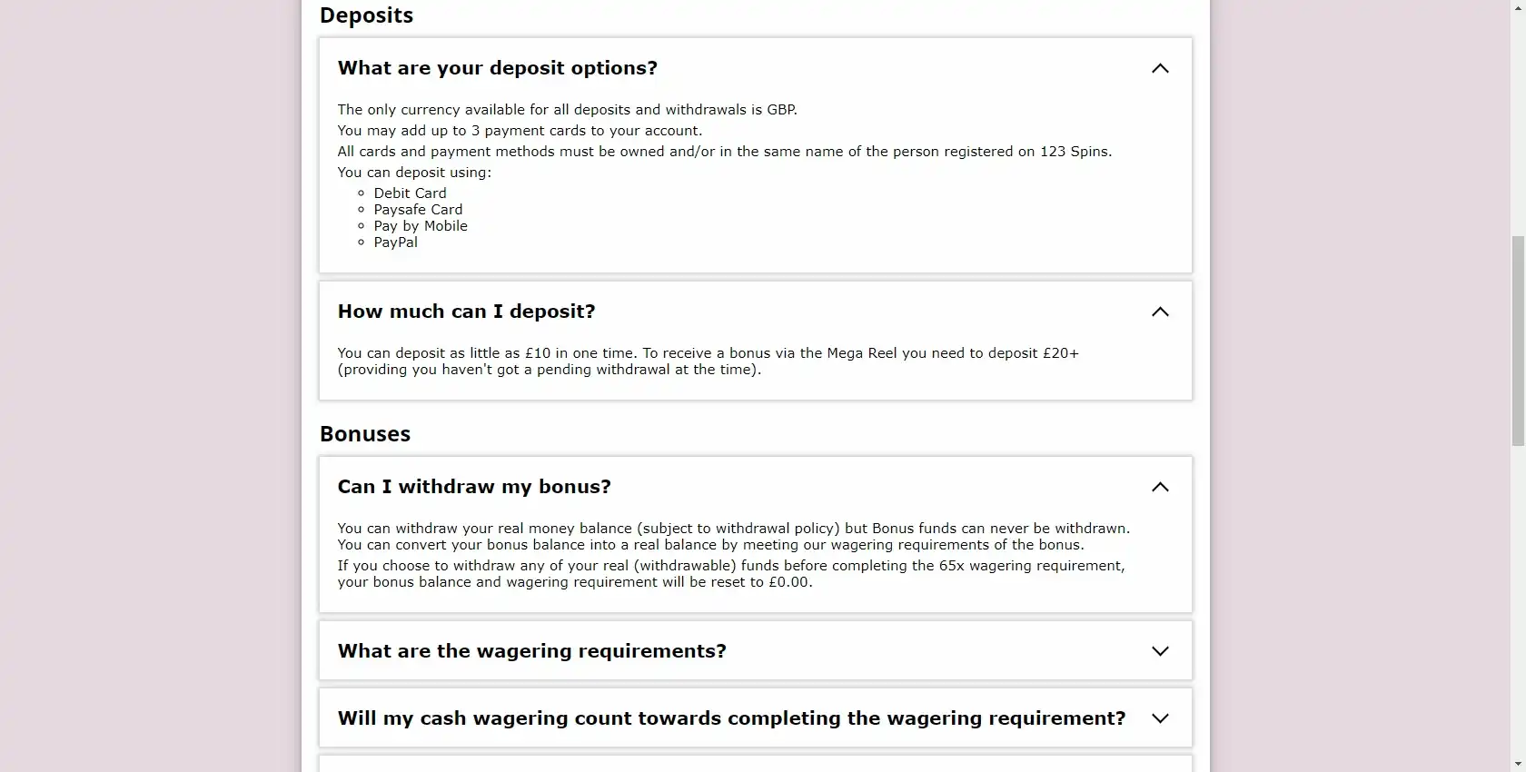 123 Spins Casino Payment Methods