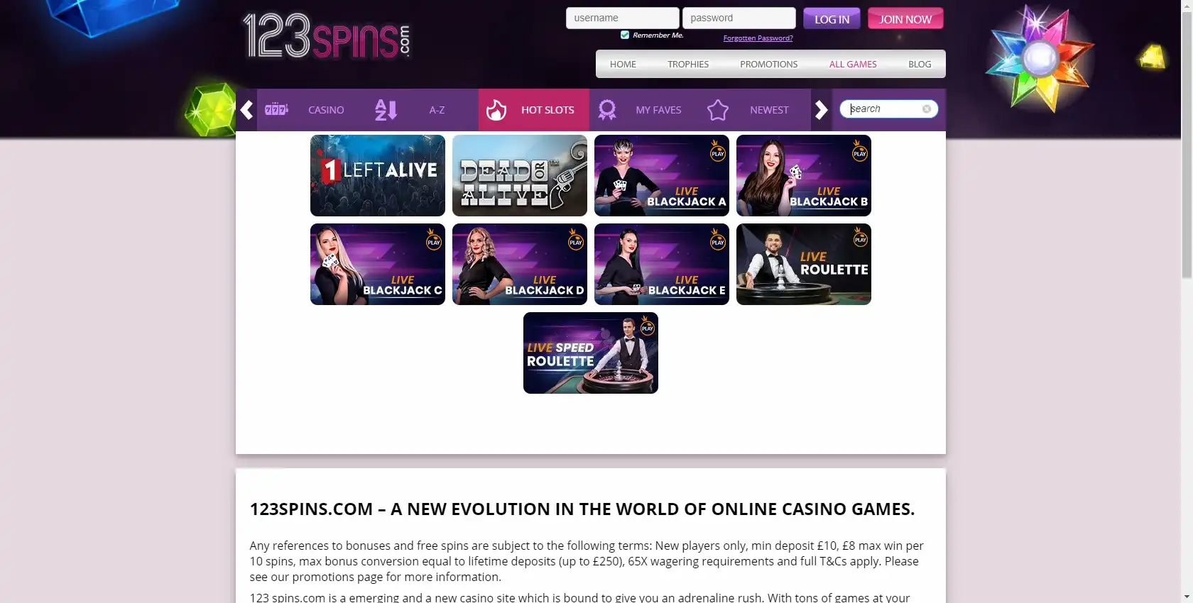 123 Spins Casino Live Dealer Games