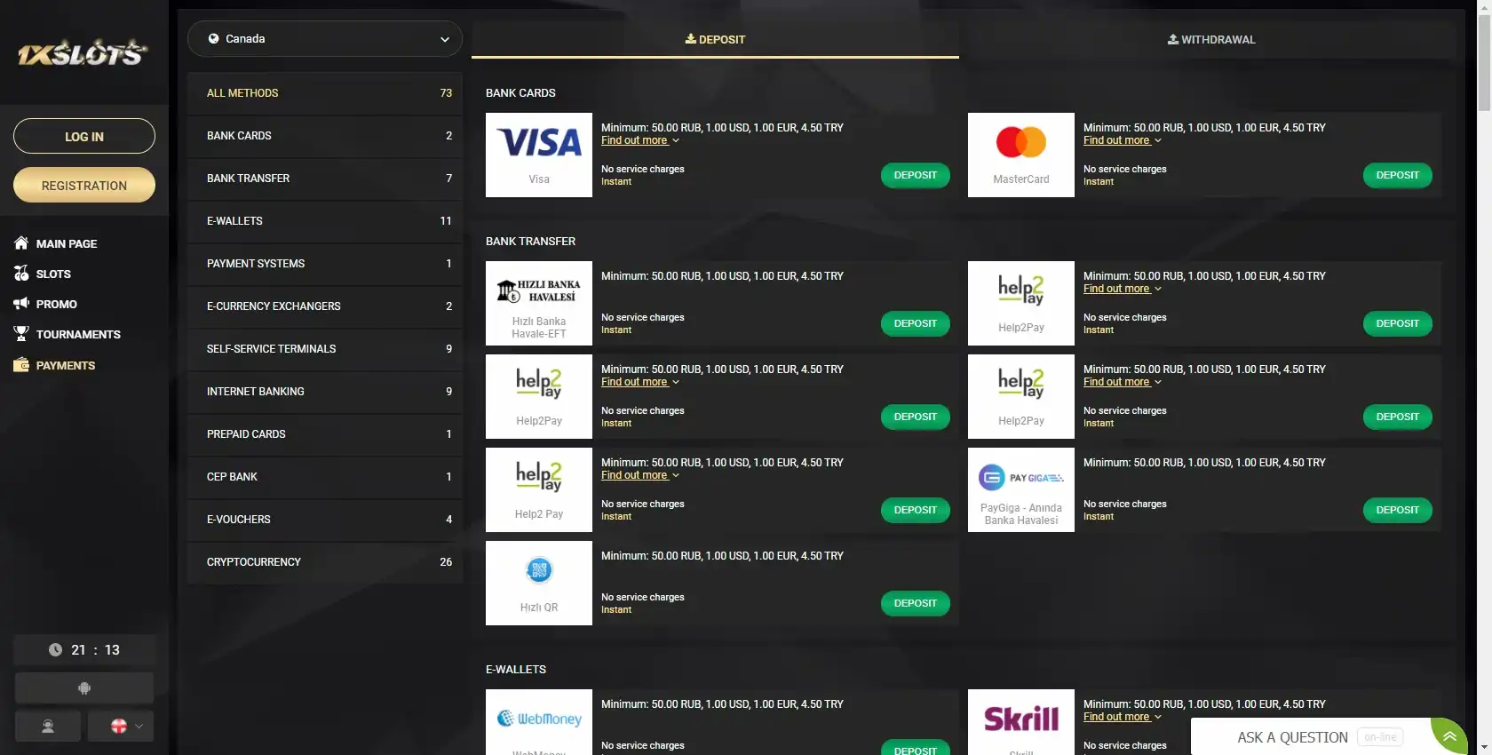 1xSlots Casino Payment Methods