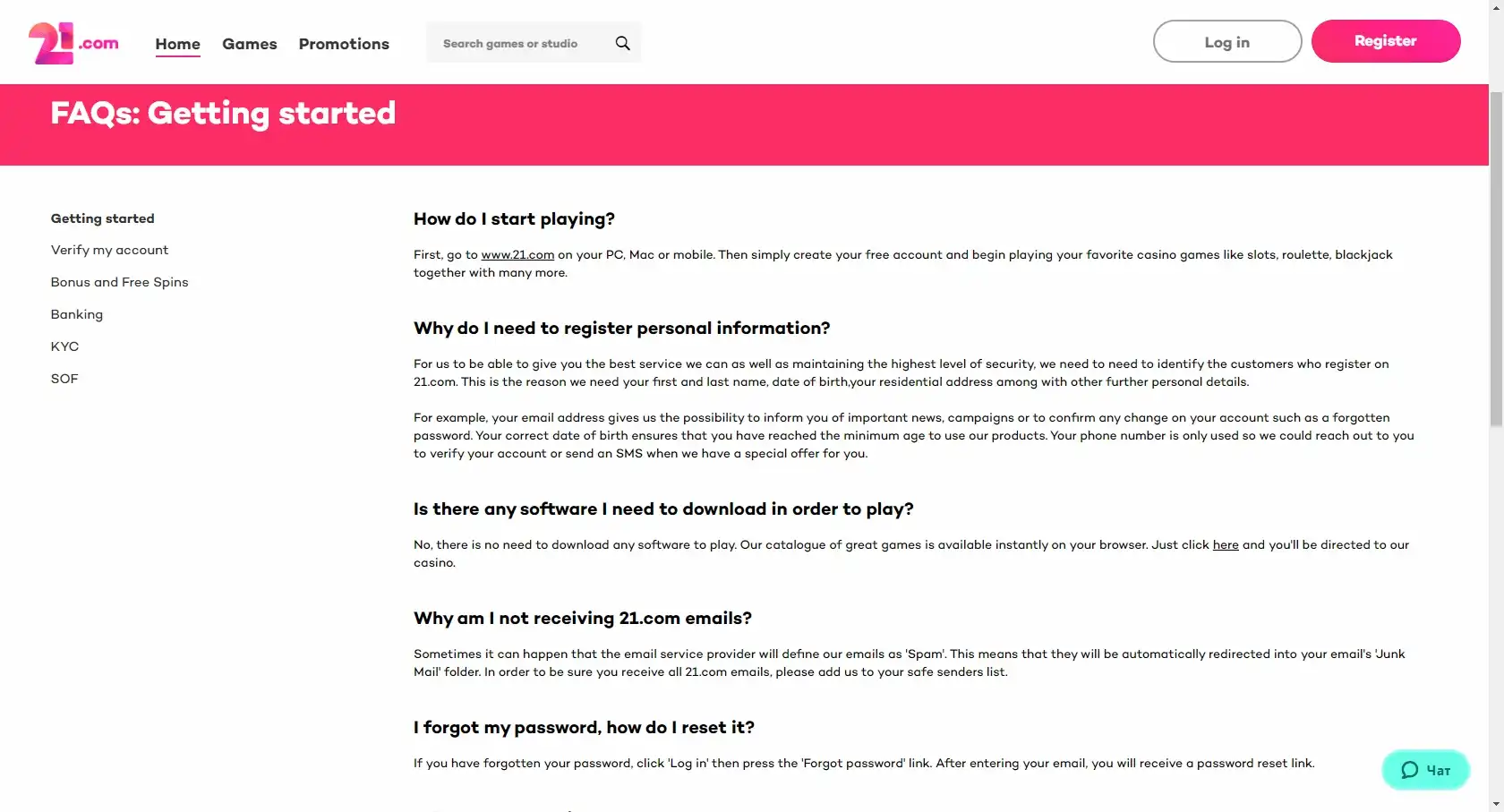 21.com Casino Support