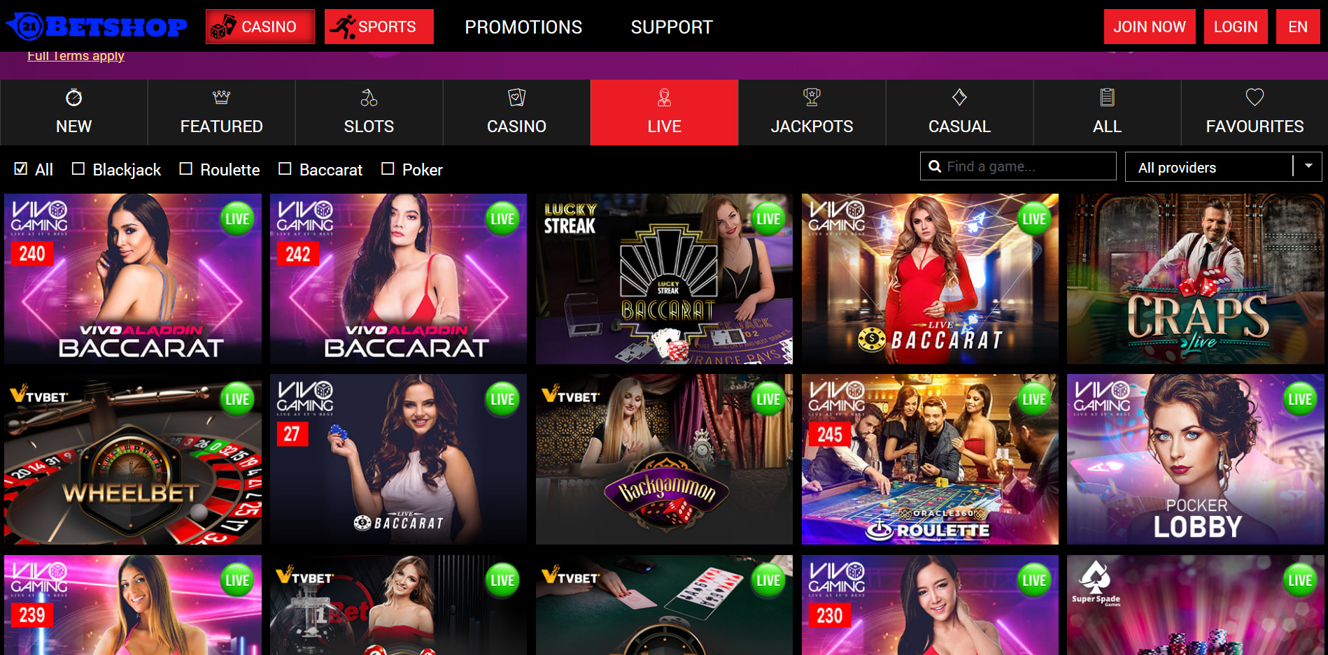 21BetShop Casino Live Dealer Games