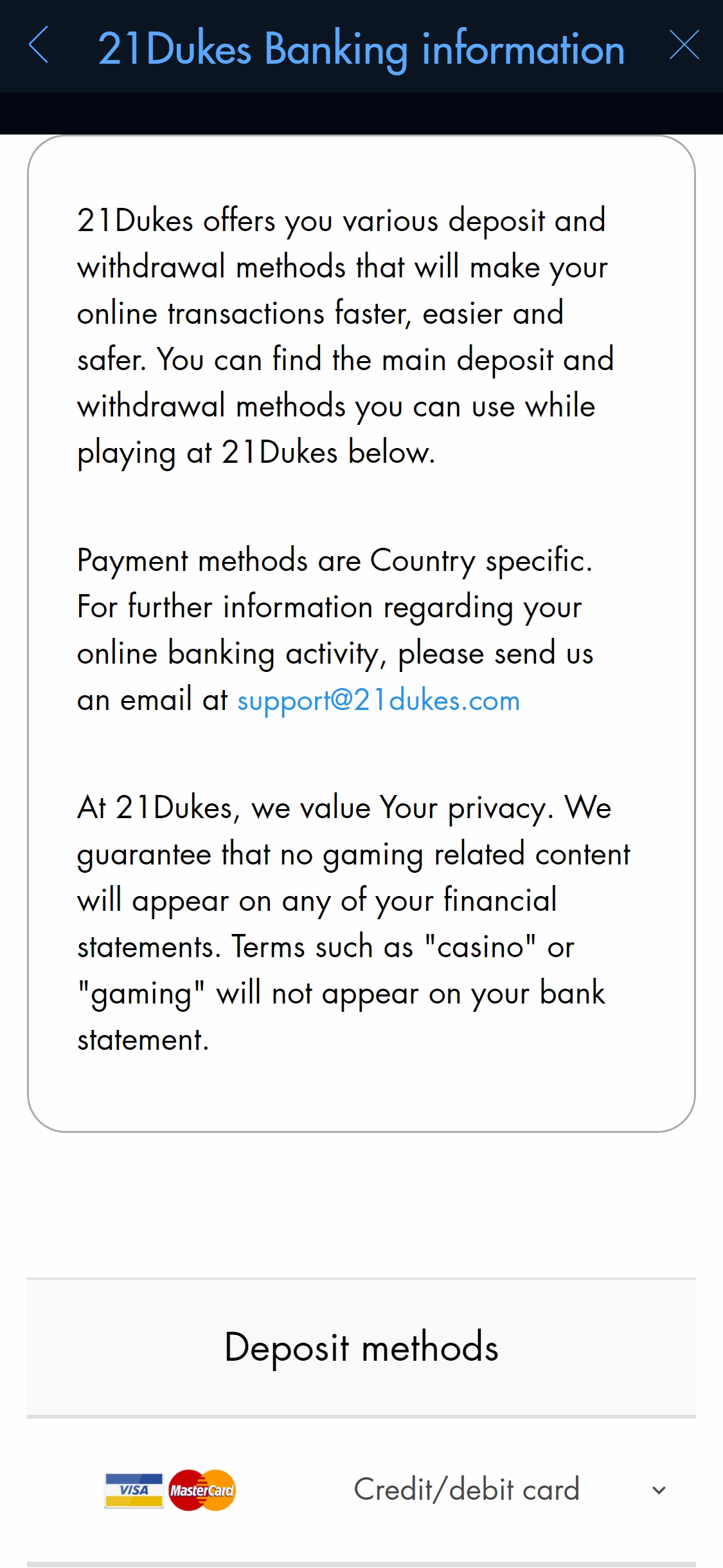 21 Dukes Casino Mobile Payment Methods Review