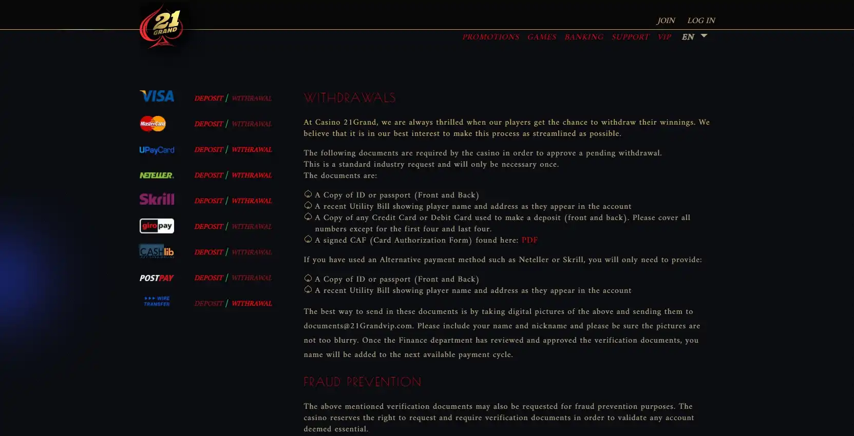 21 Grand Casino Payment Methods