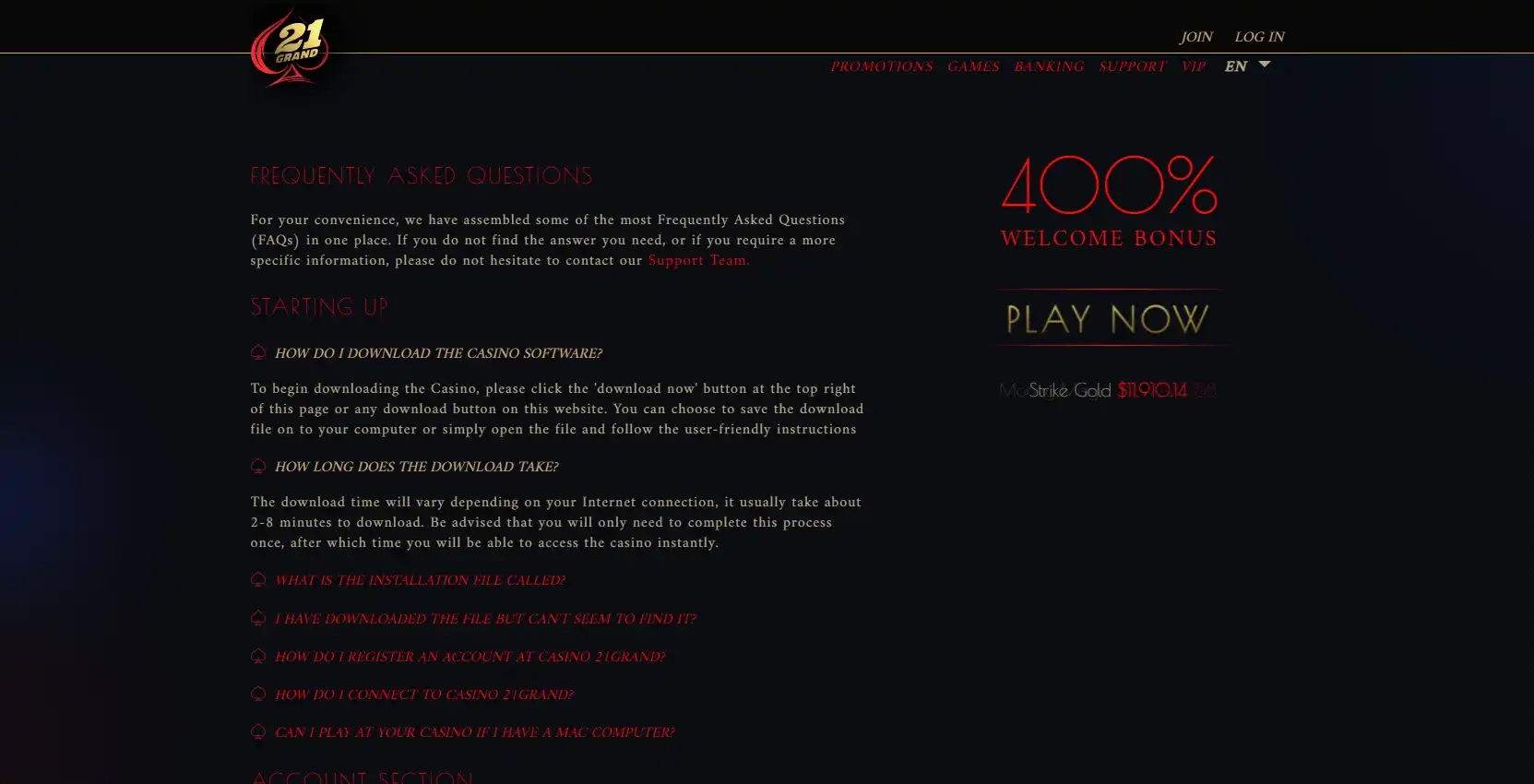 21 Grand Casino Support