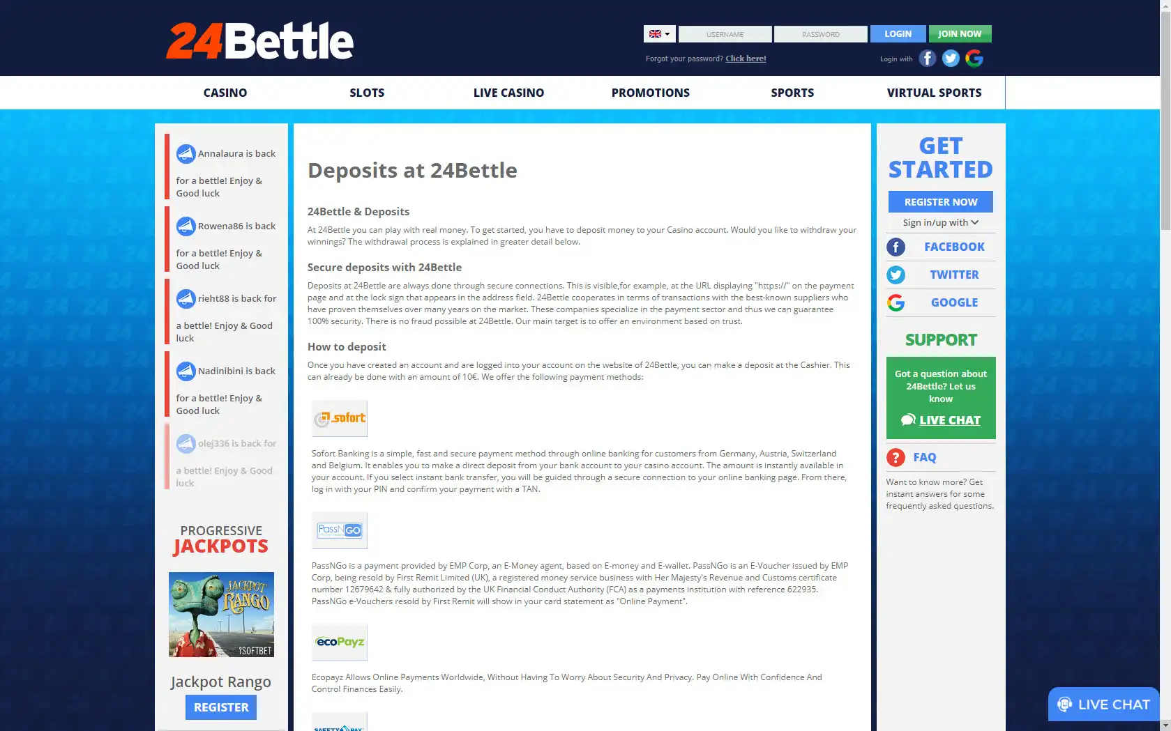 24 Bettle Casino Payment Methods