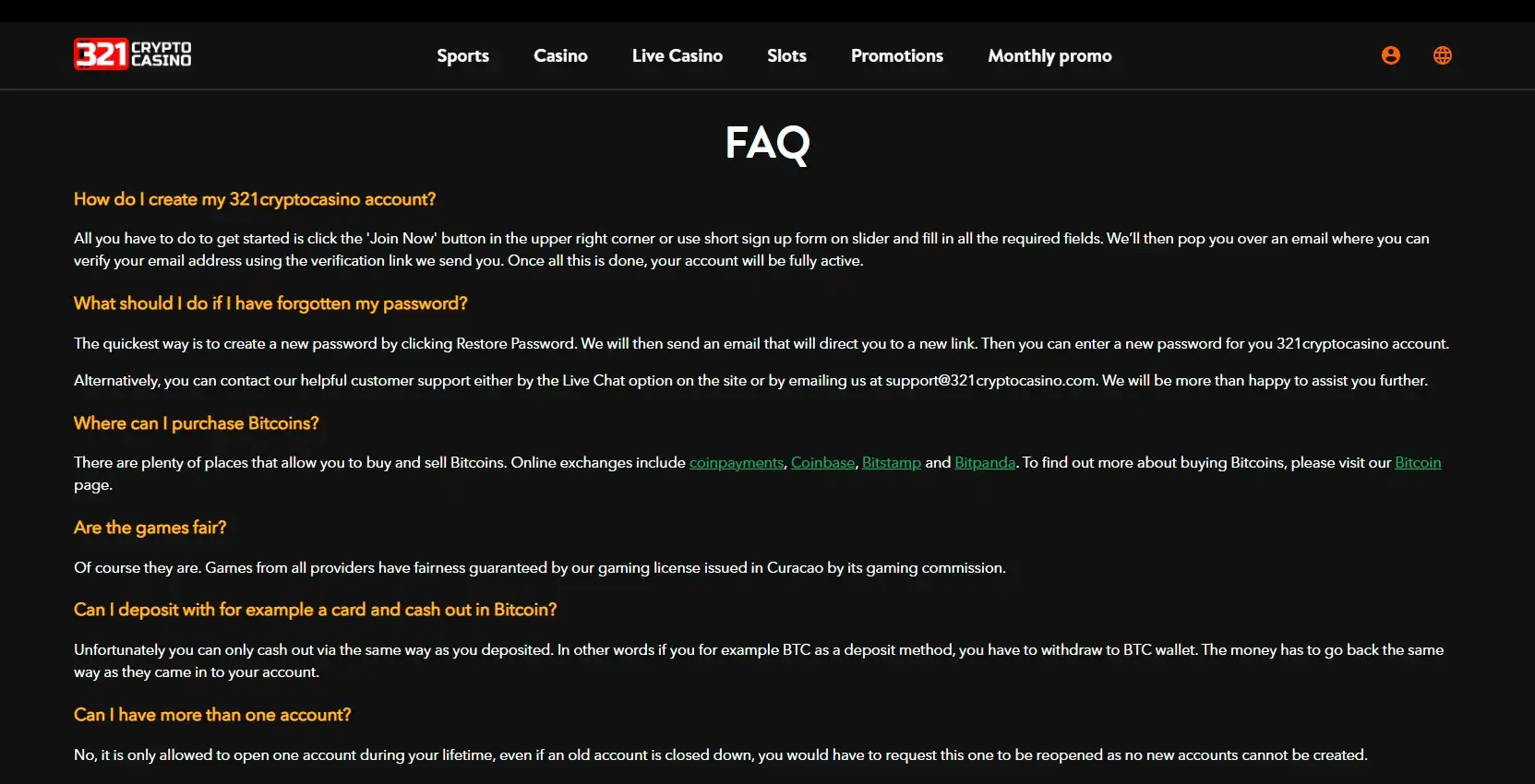321 Crypto Casino Support