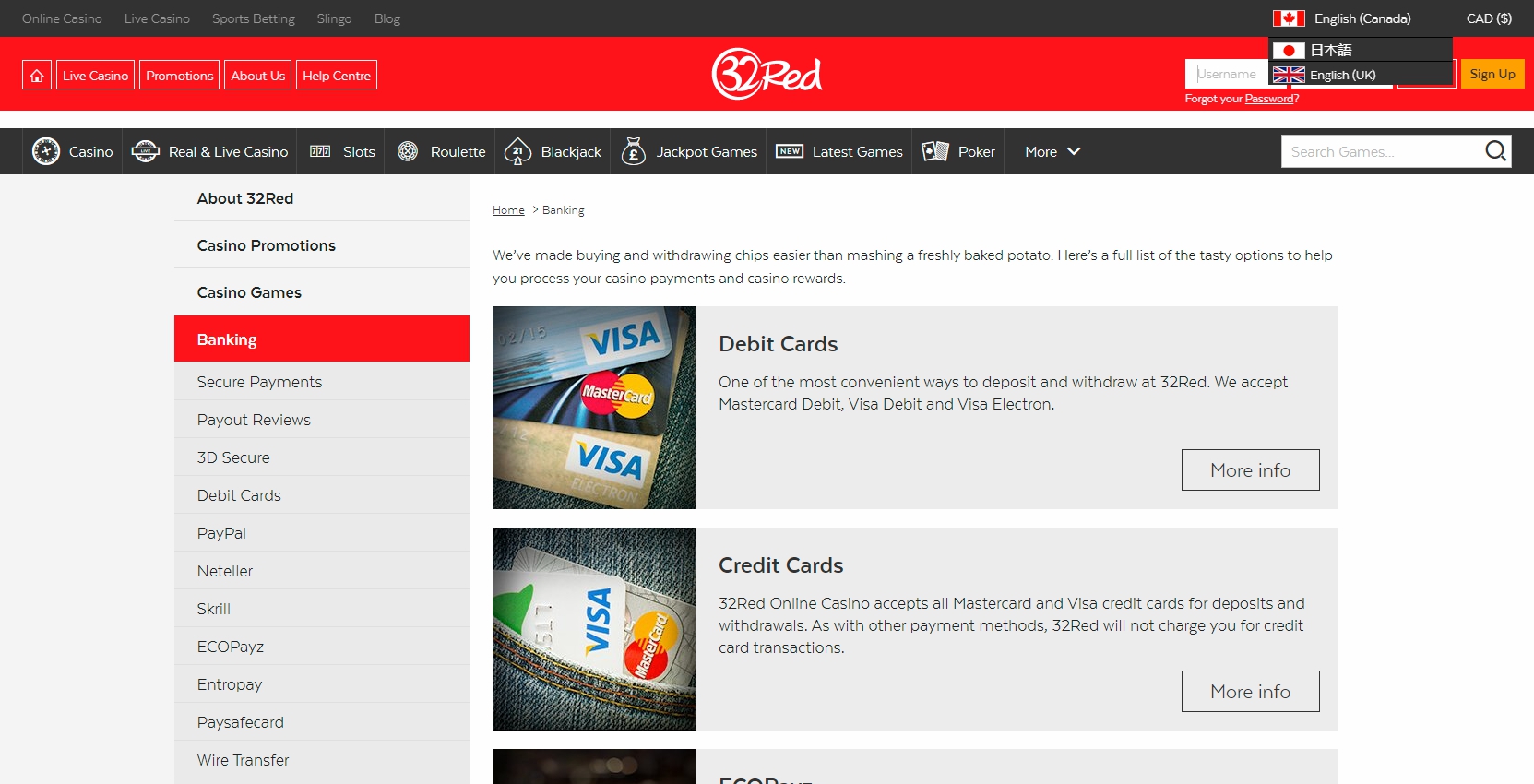 32 Red Casino Payment Methods