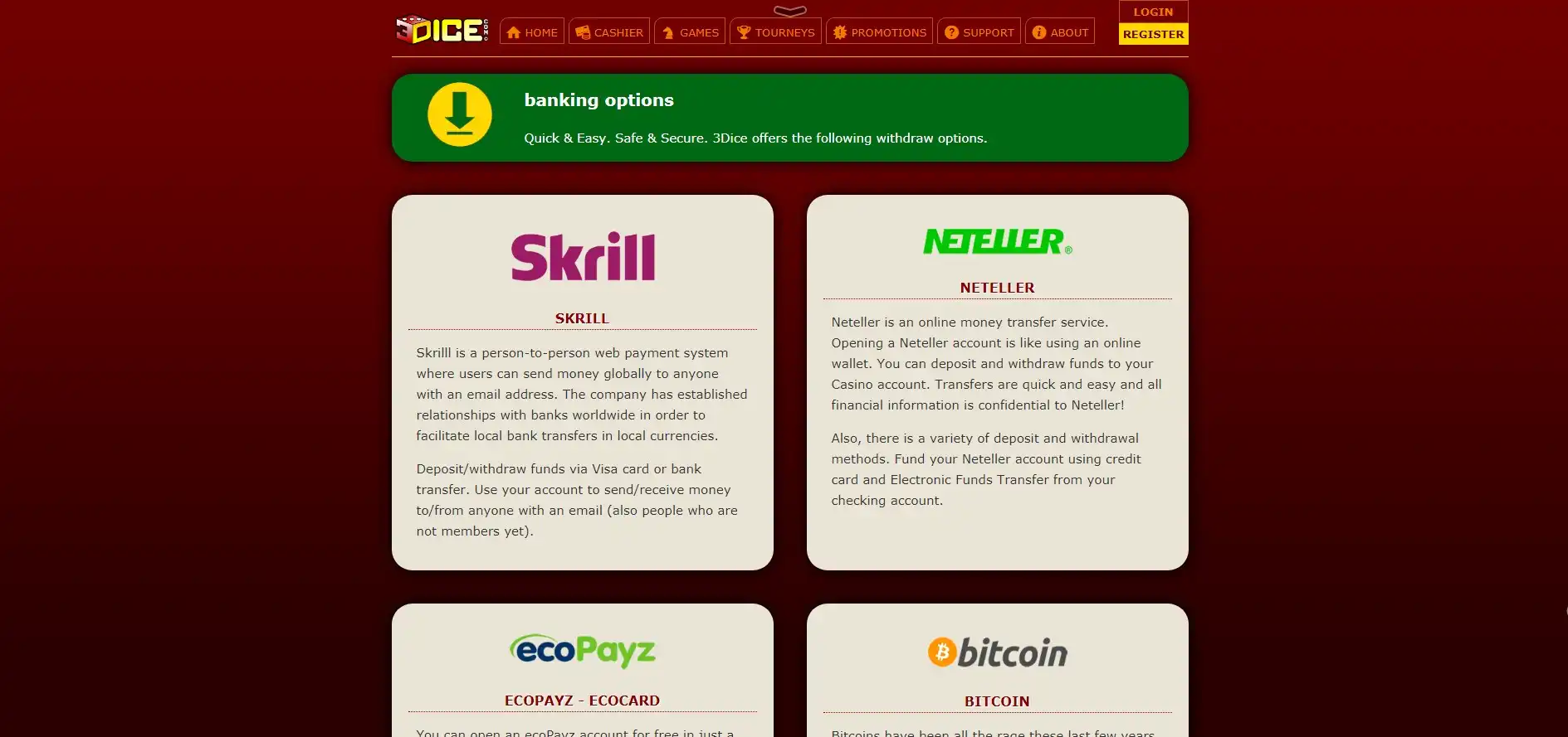 3 Dice Casino Payment Methods