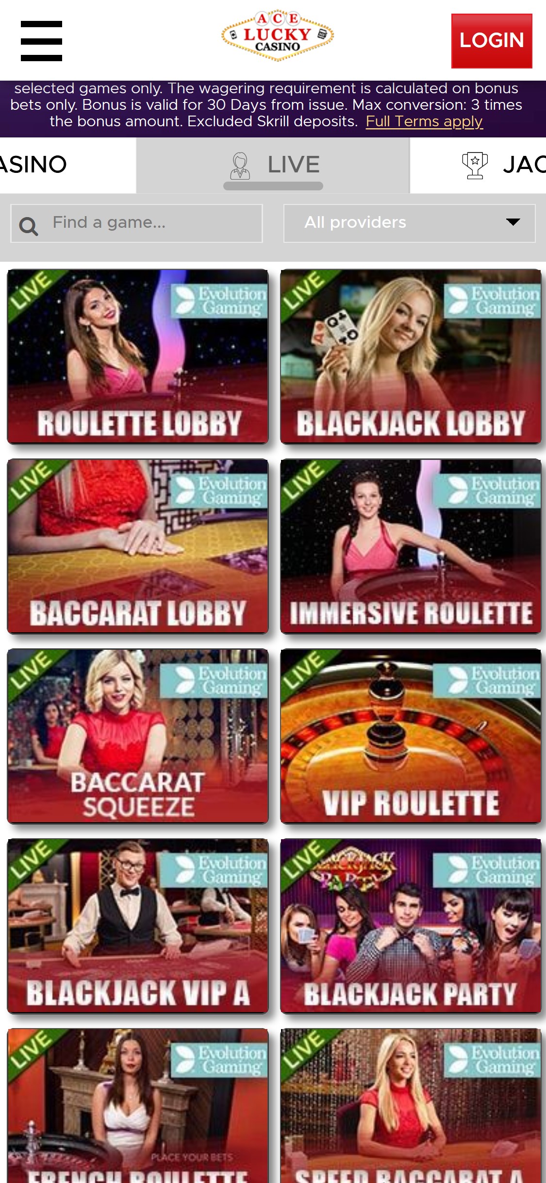 Ace Lucky Casino Mobile Live Dealer Games Review