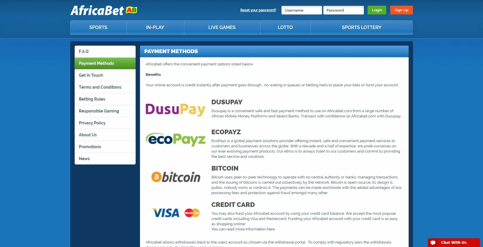AfricaBet Casino Payment Methods