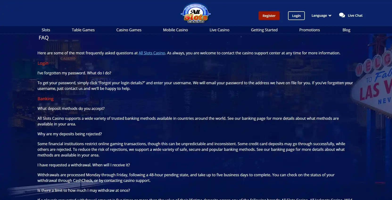 All Slots Casino Support