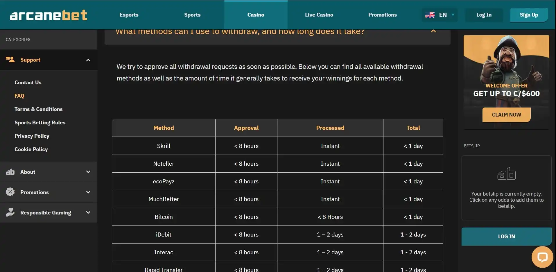 Arcanebet Casino Payment Methods