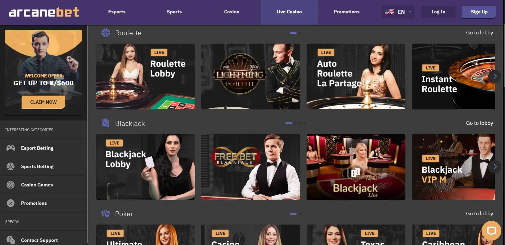 Arcanebet Casino Live Dealer Games