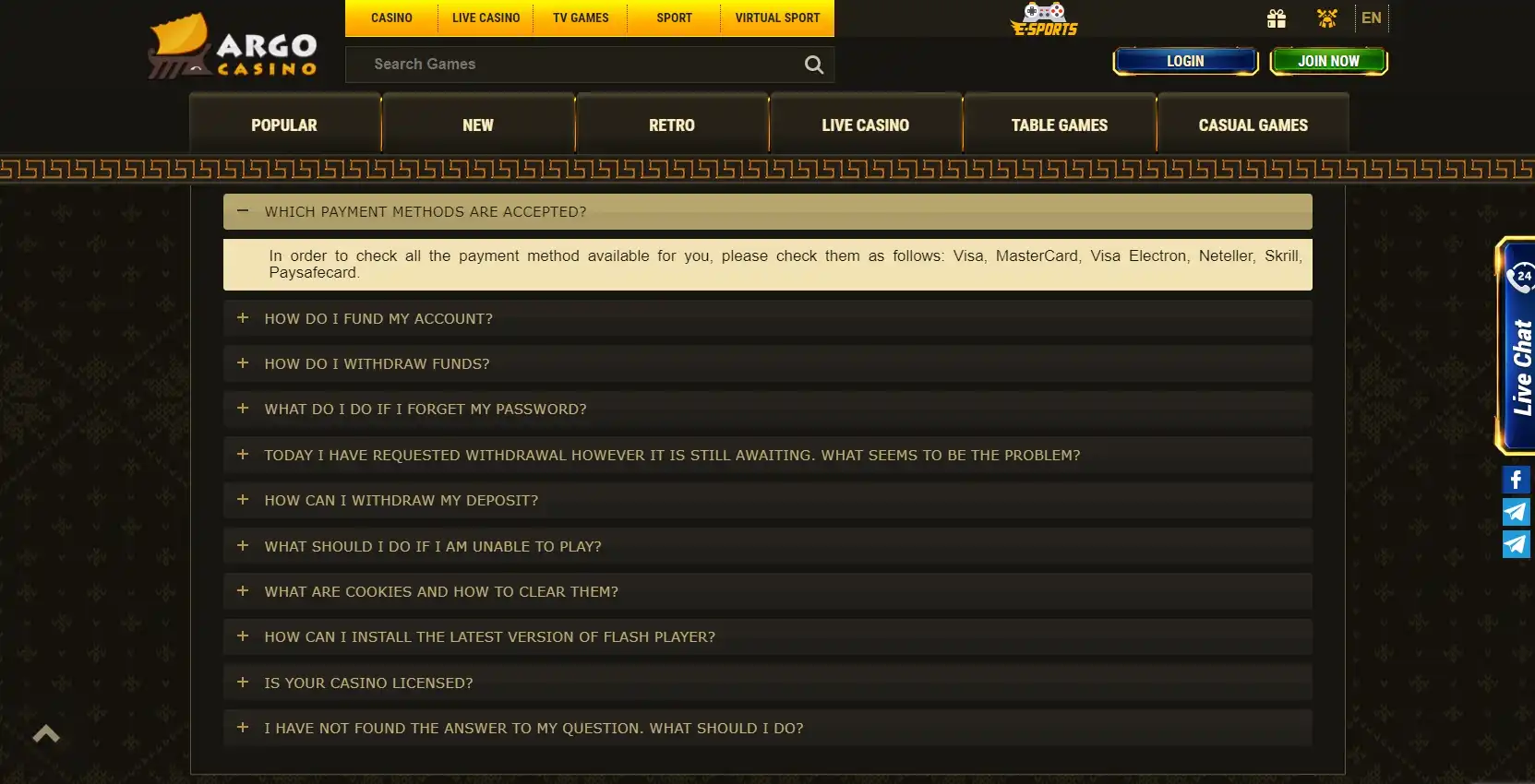 Argo Casino Payment Methods