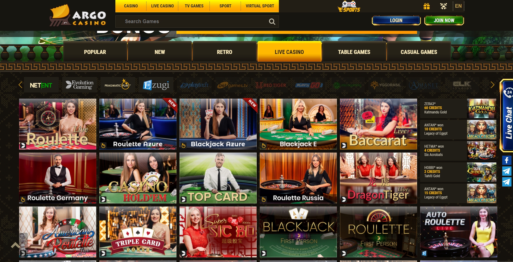 Argo Casino Live Dealer Games