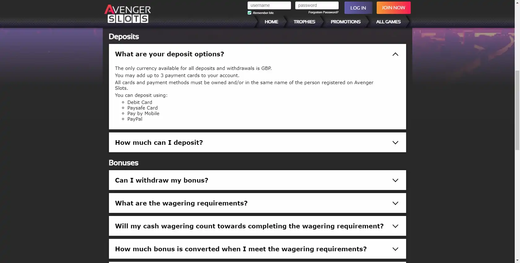 Avenger Slots Casino Payment Methods