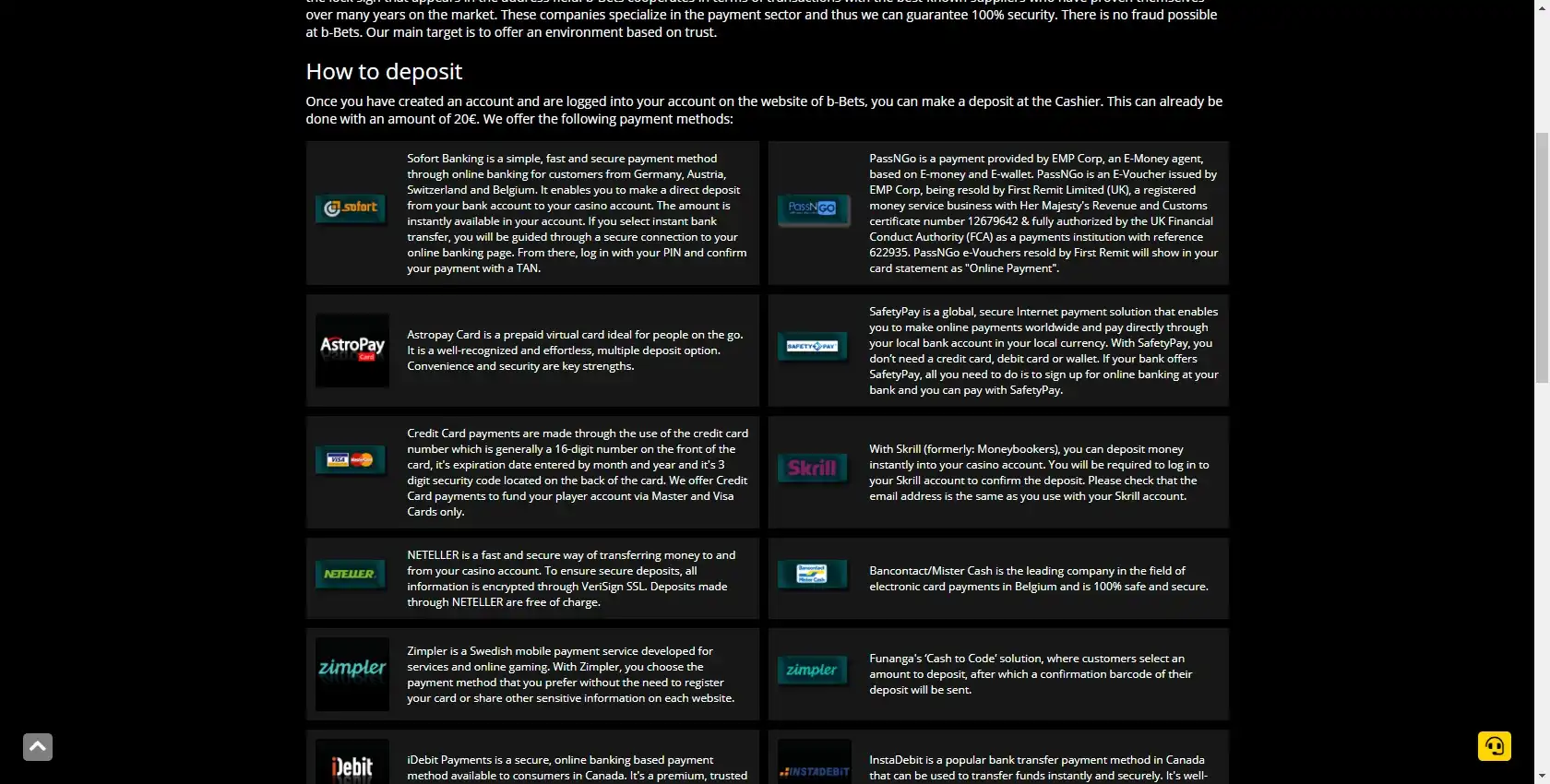 B-Bets Casino Payment Methods