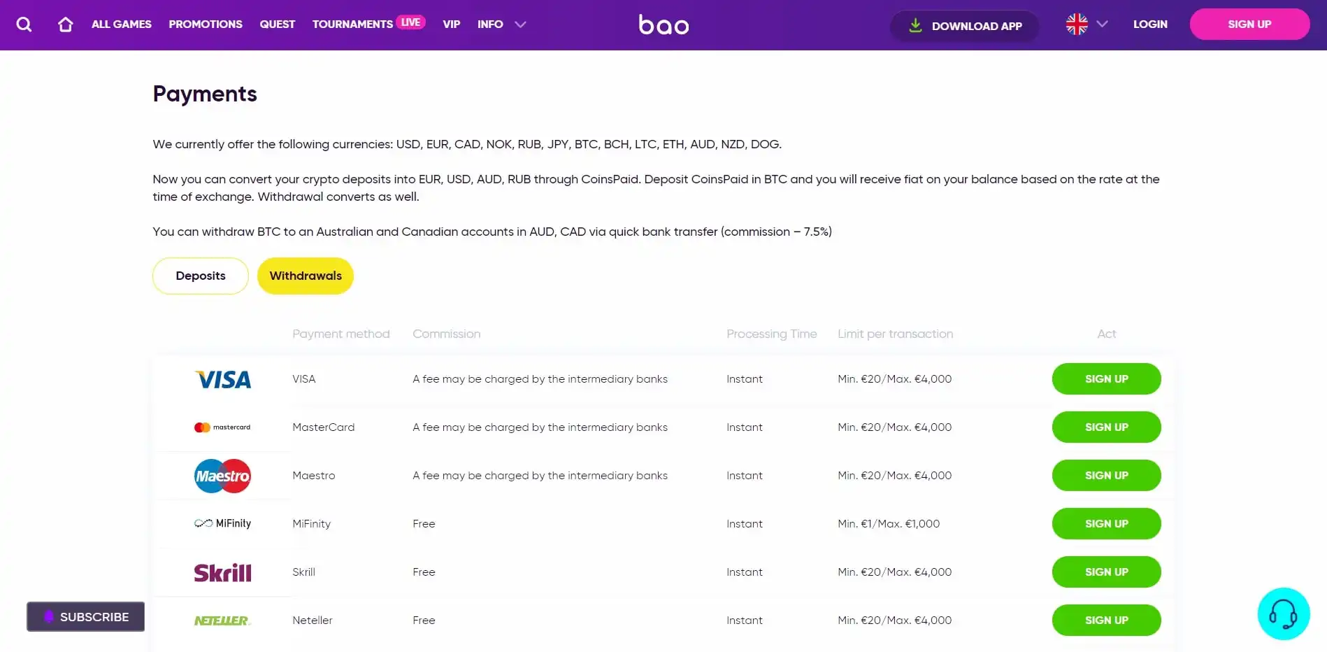 BAO Casino Payment Methods