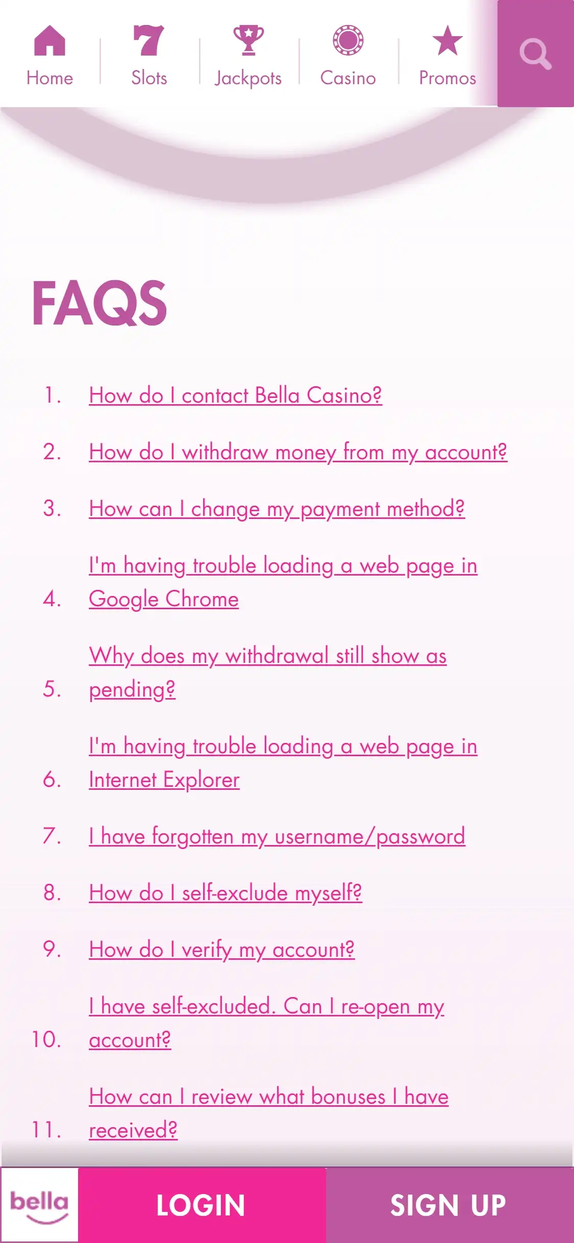 Bella Casino Mobile Support Review