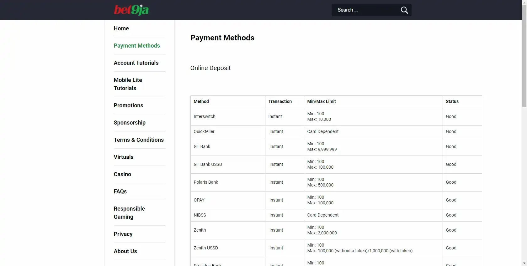 Bet9Ja Casino Payment Methods