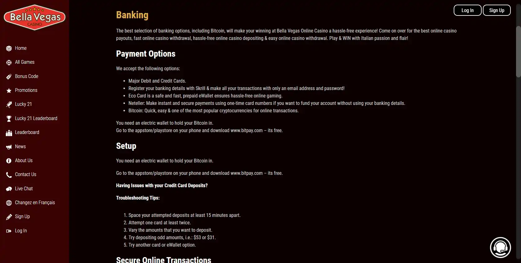 Bella Vegas Casino Payment Methods