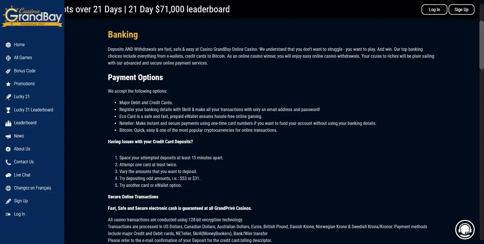 Casino Grand Bay Payment Methods