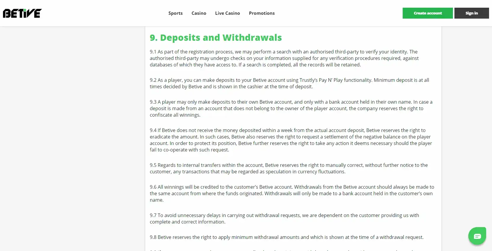 Betive Casino Payment Methods