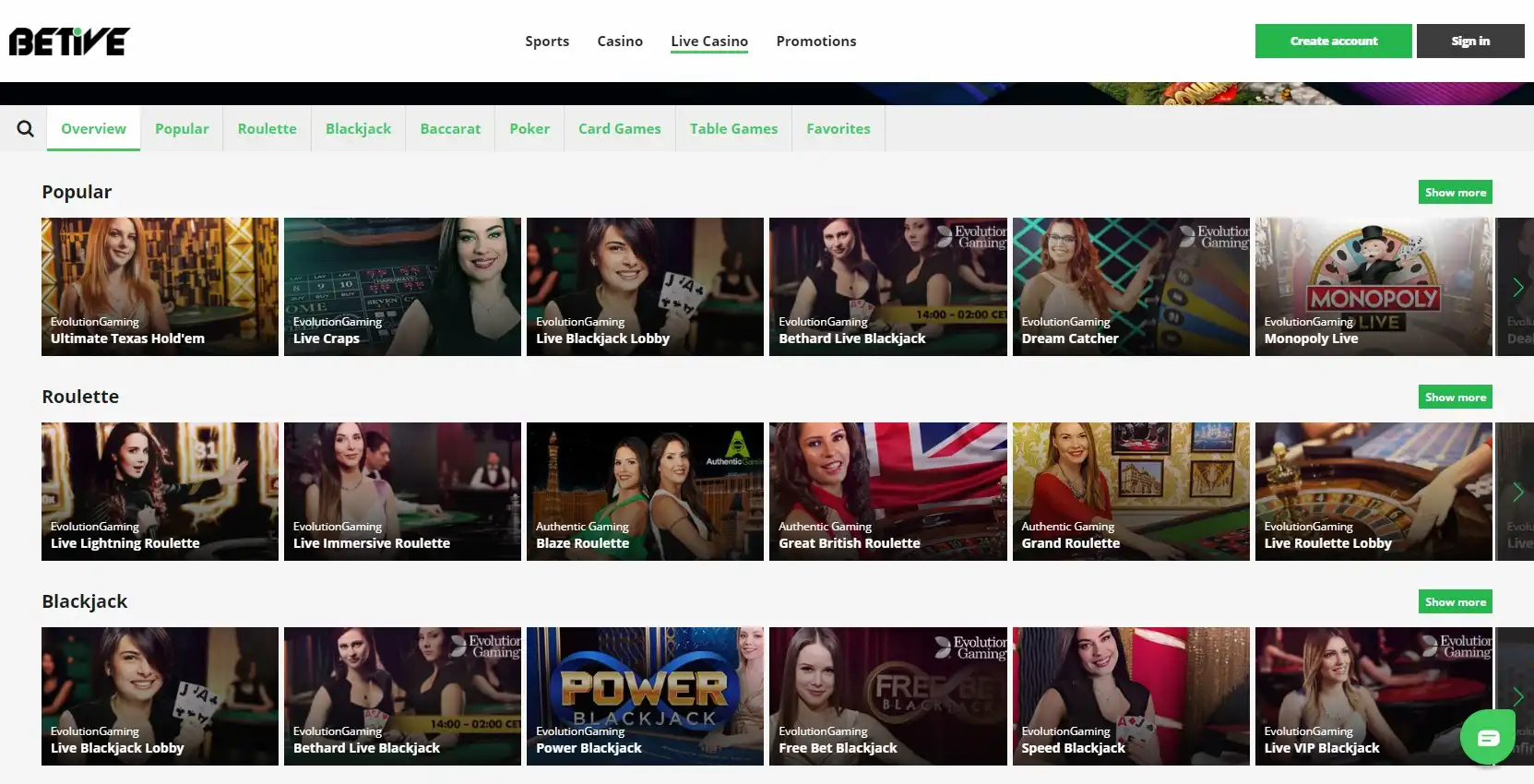 Betive Casino Live Dealer Games