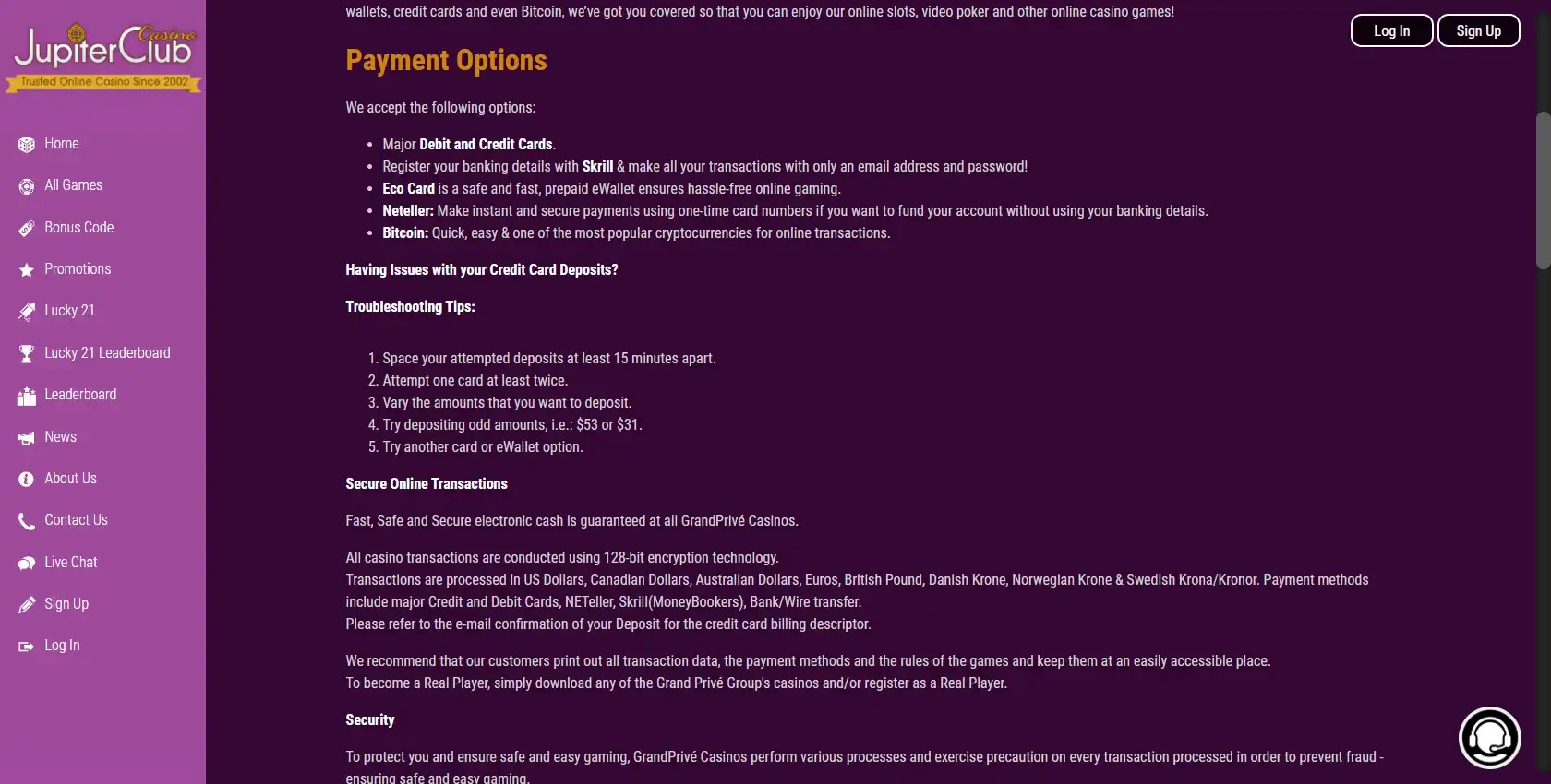 Jupiter Club Casino Payment Methods