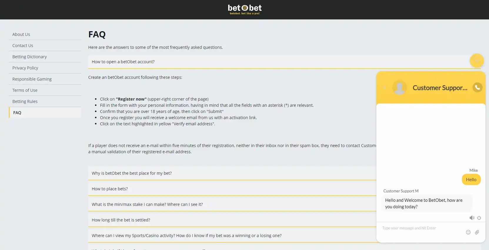 Bet O Bet Casino Support