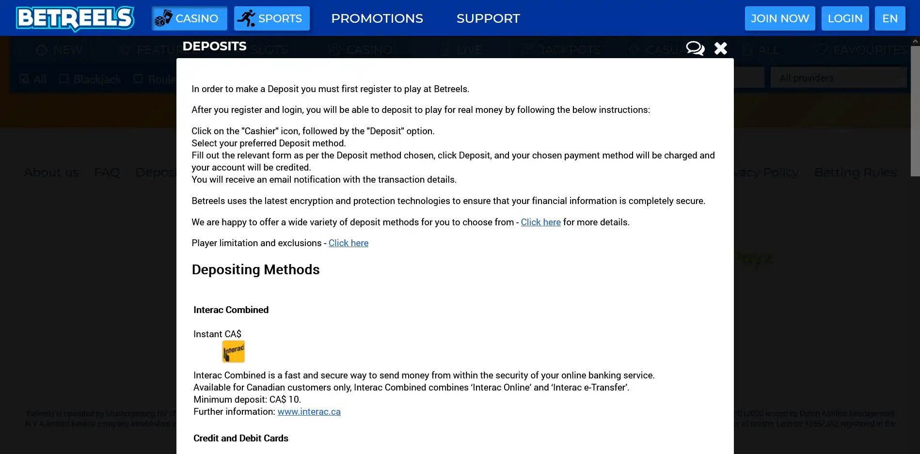 Betreels Casino Payment Methods