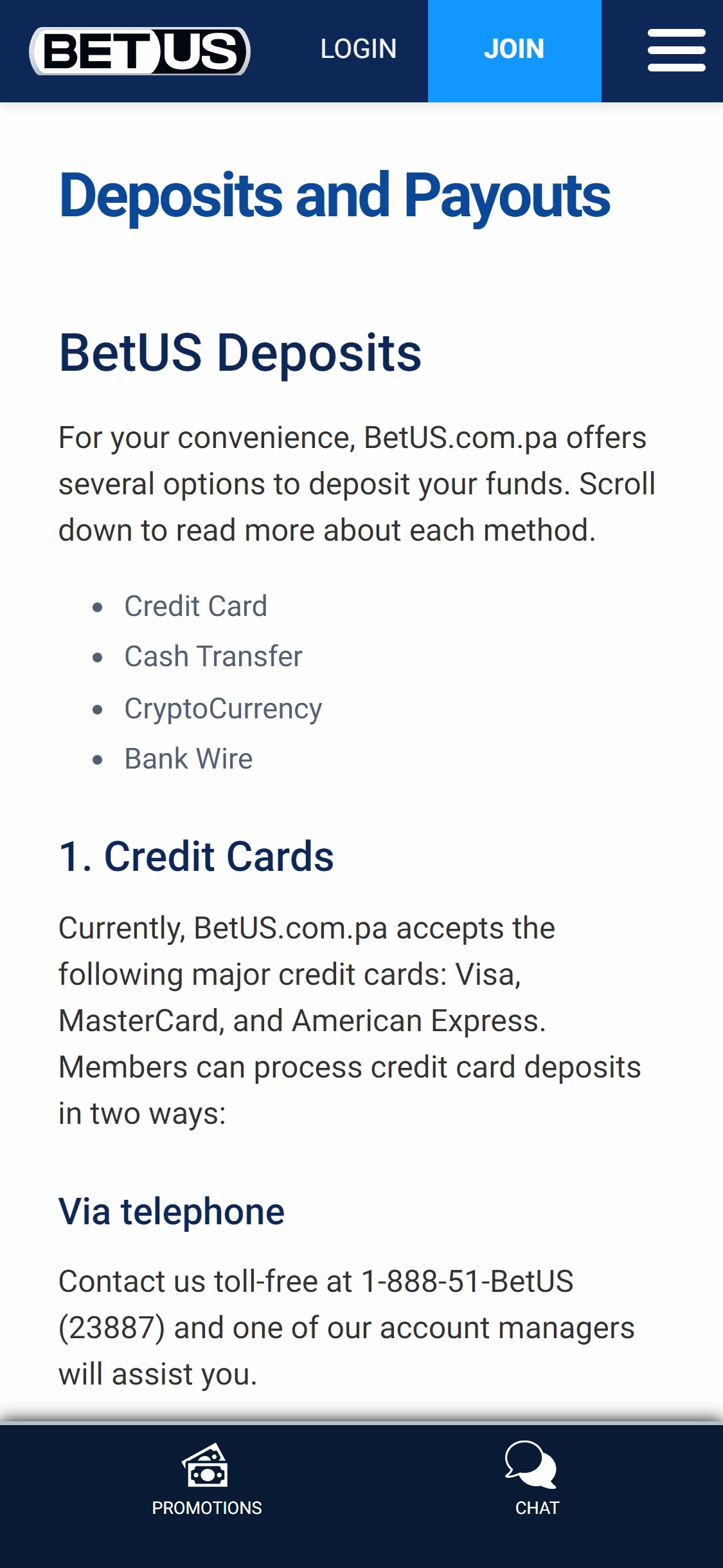 BetUS Casino Mobile Payment Methods Review