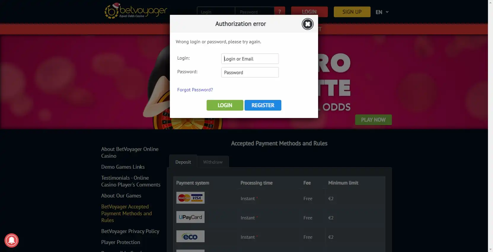 Bet Voyager Casino Login