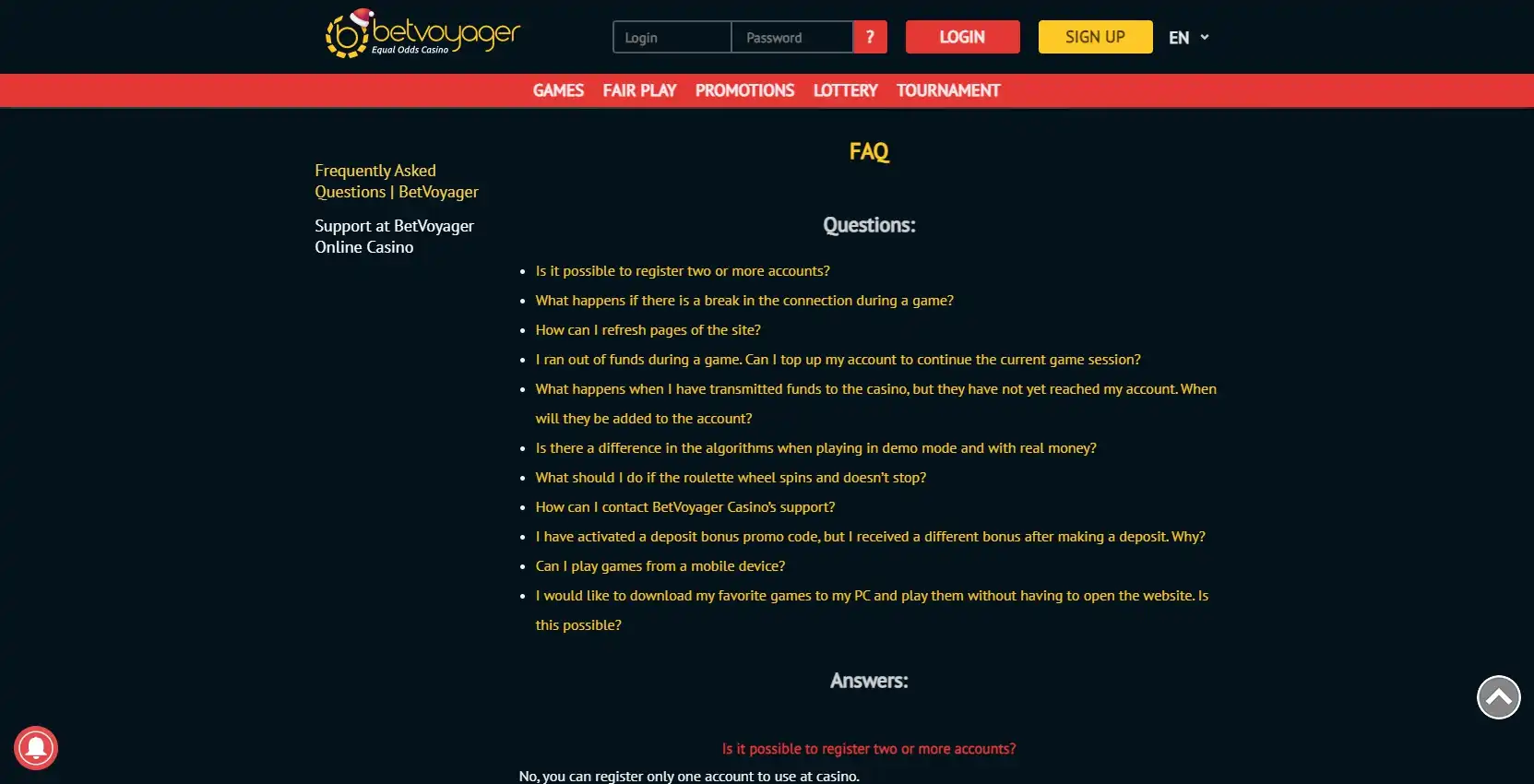 Bet Voyager Casino Support
