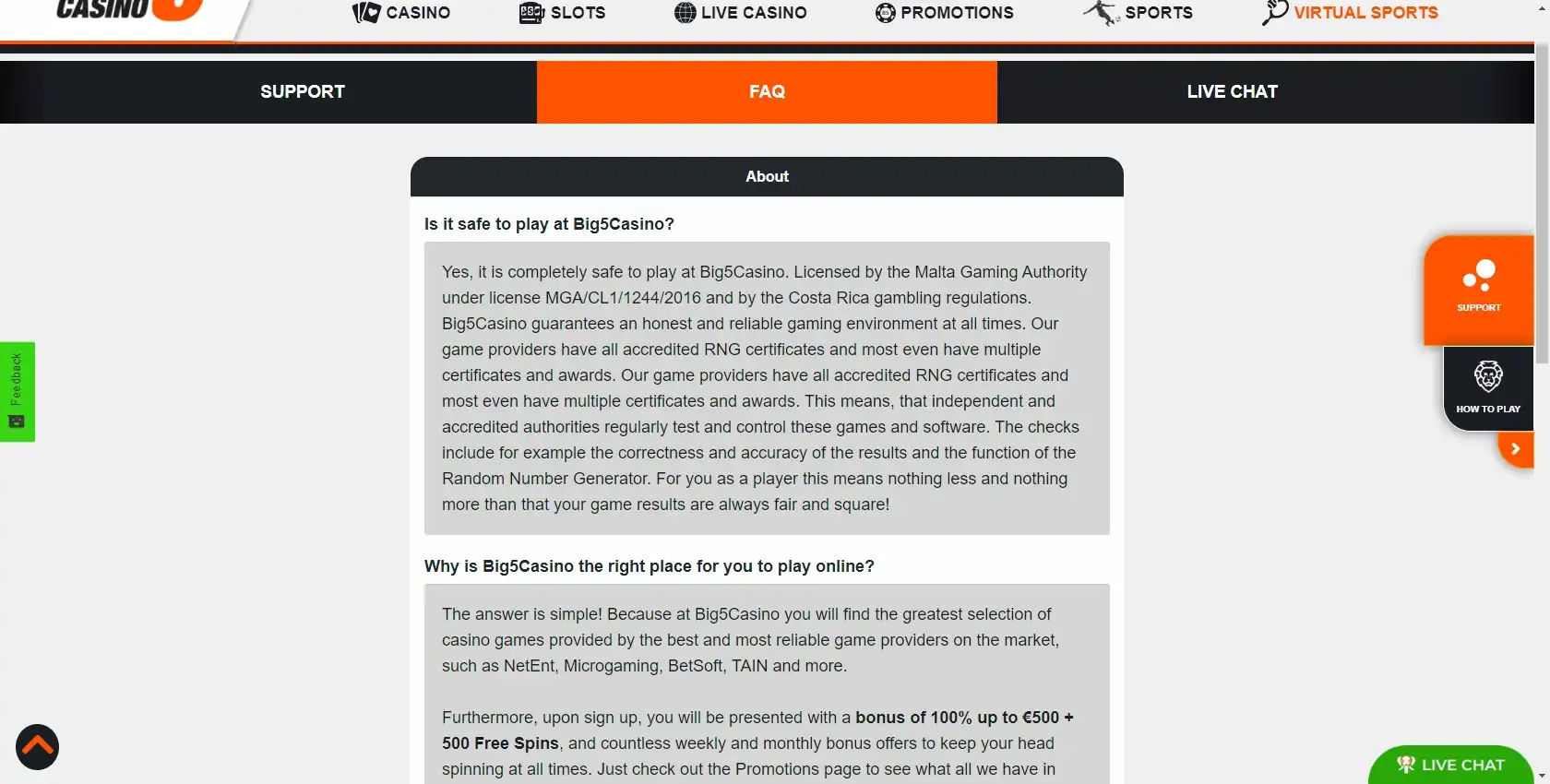 Big 5 Casino Support