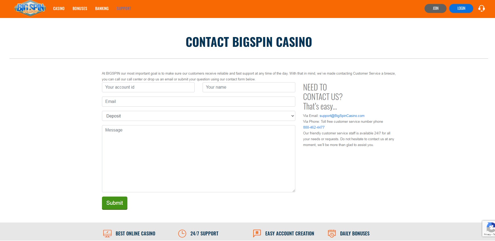 Big Spin Casino Support