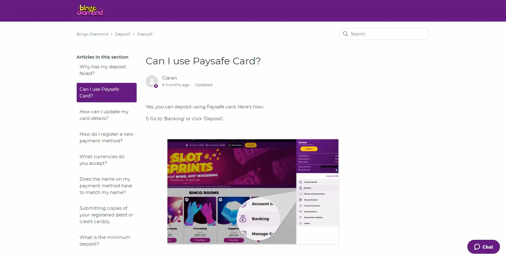Bingo Diamond Casino Payment Methods