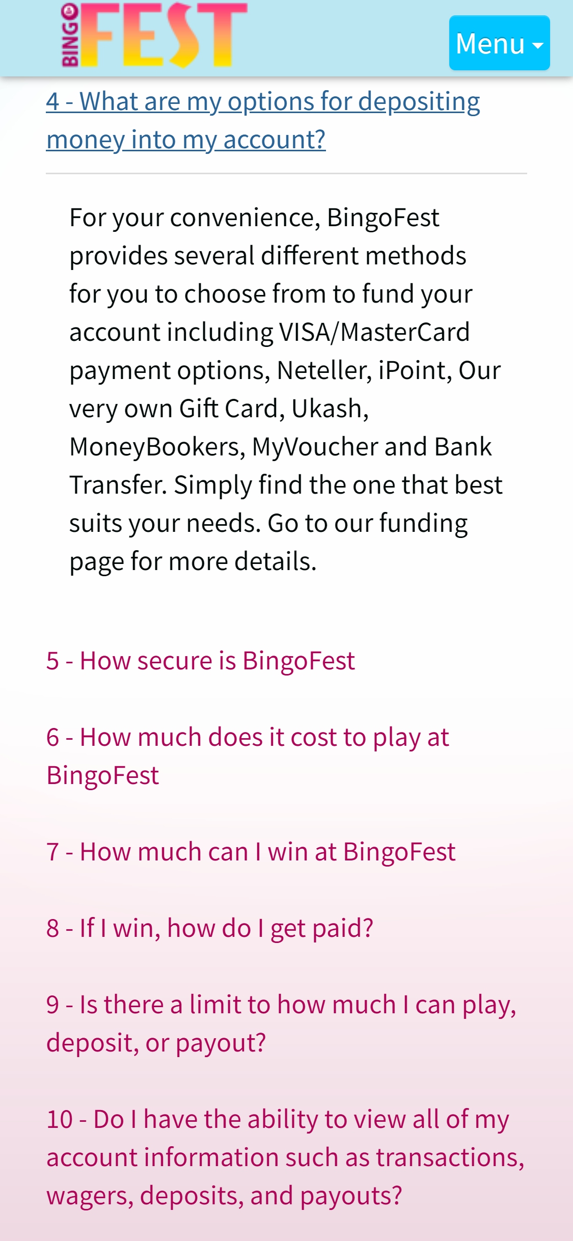 BingoFest Casino Mobile Payment Methods Review