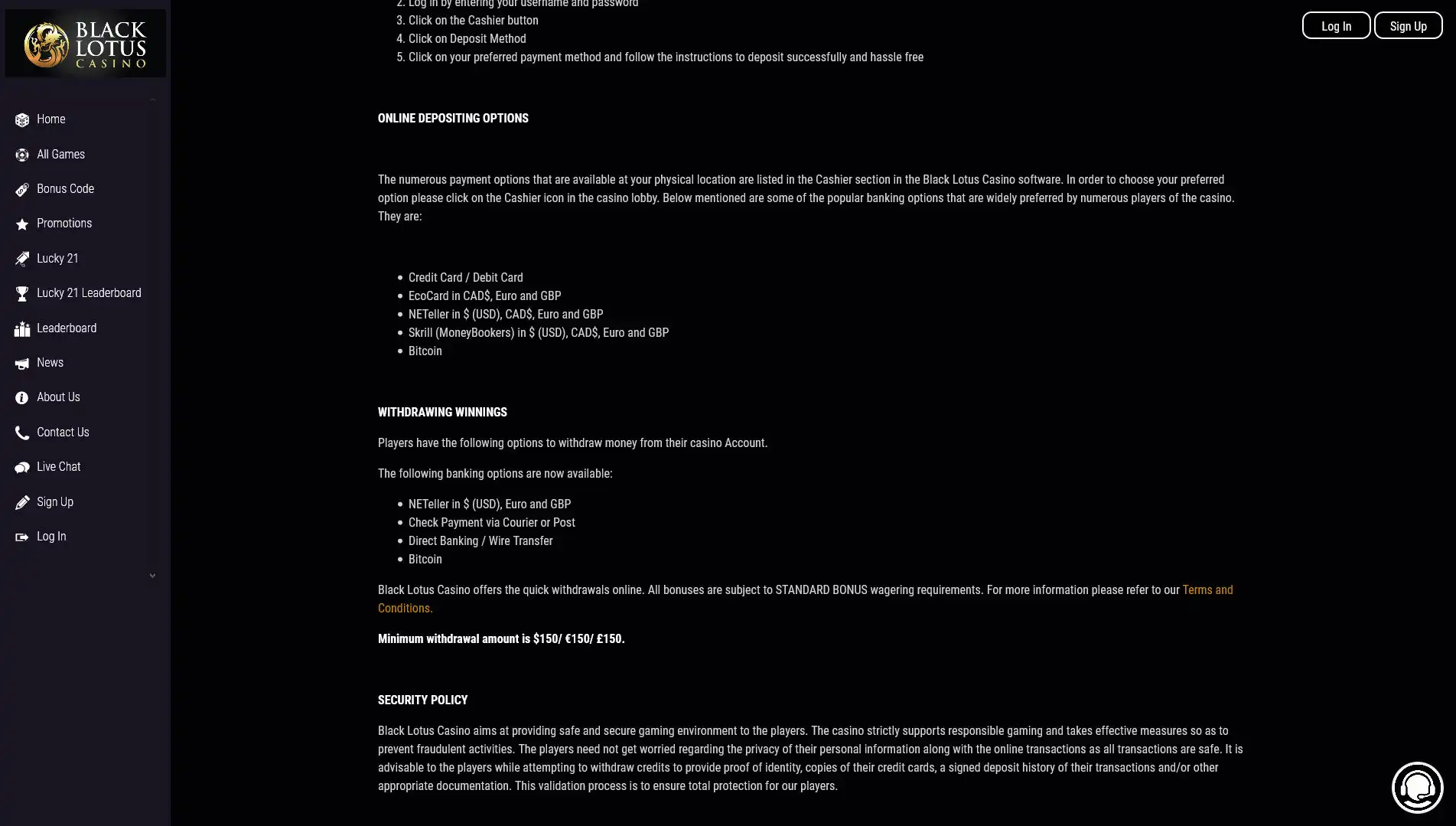 Black Lotus Casino Payment Methods