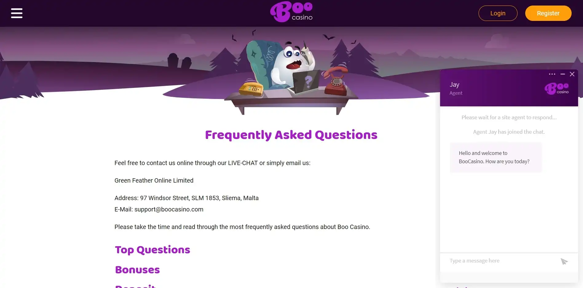 Boo Casino Support