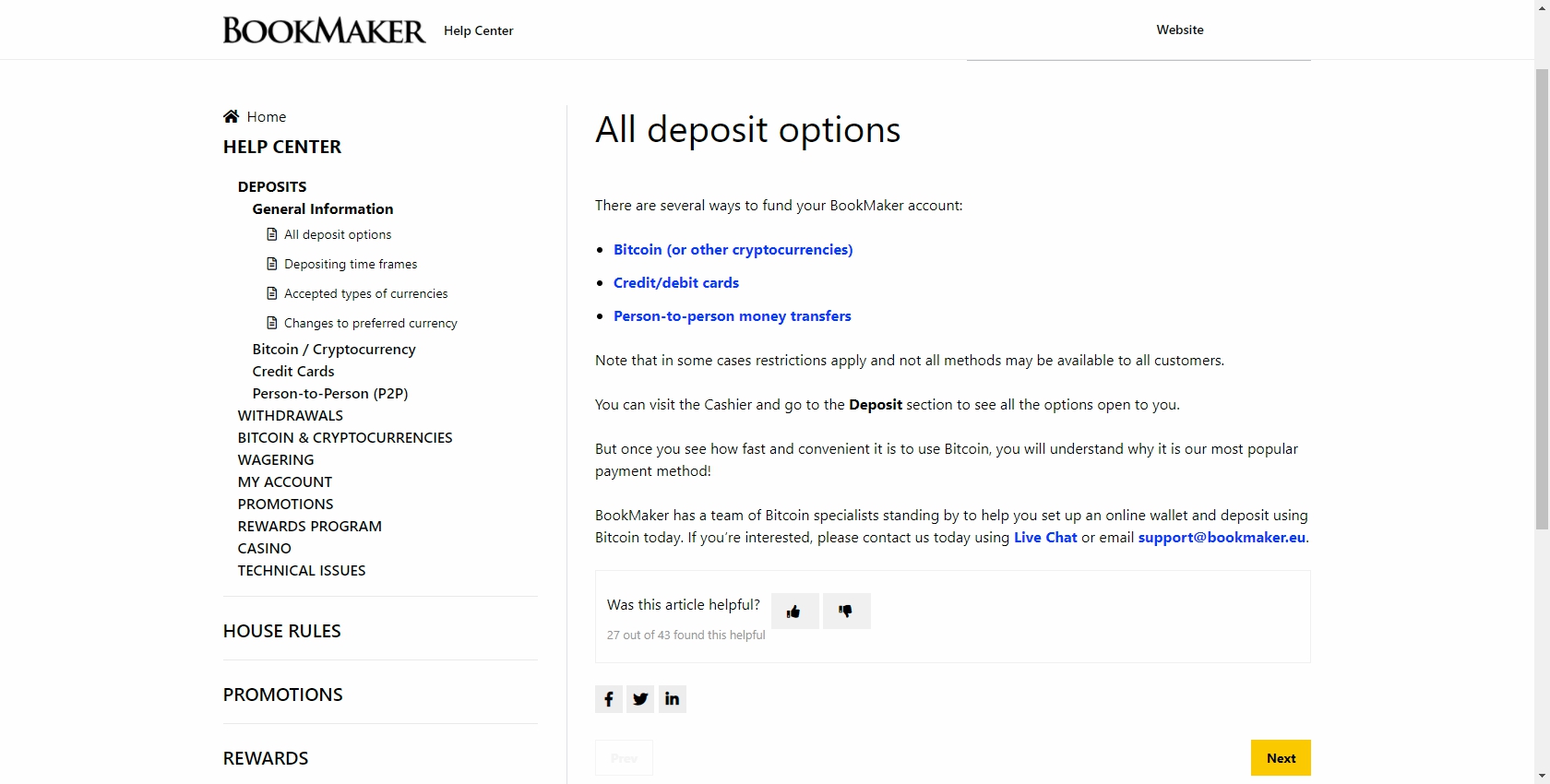 BookMaker Casino Payment Methods