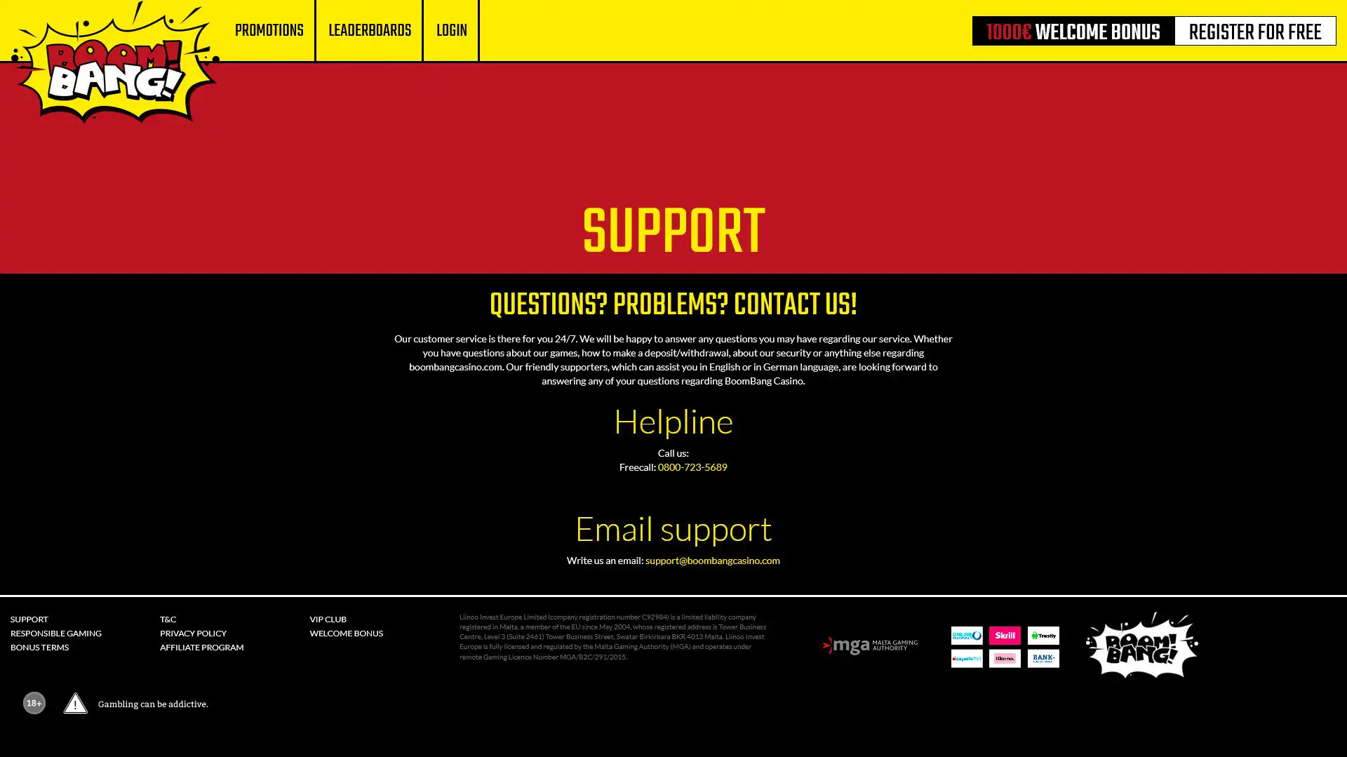Boom Bang Casino Support