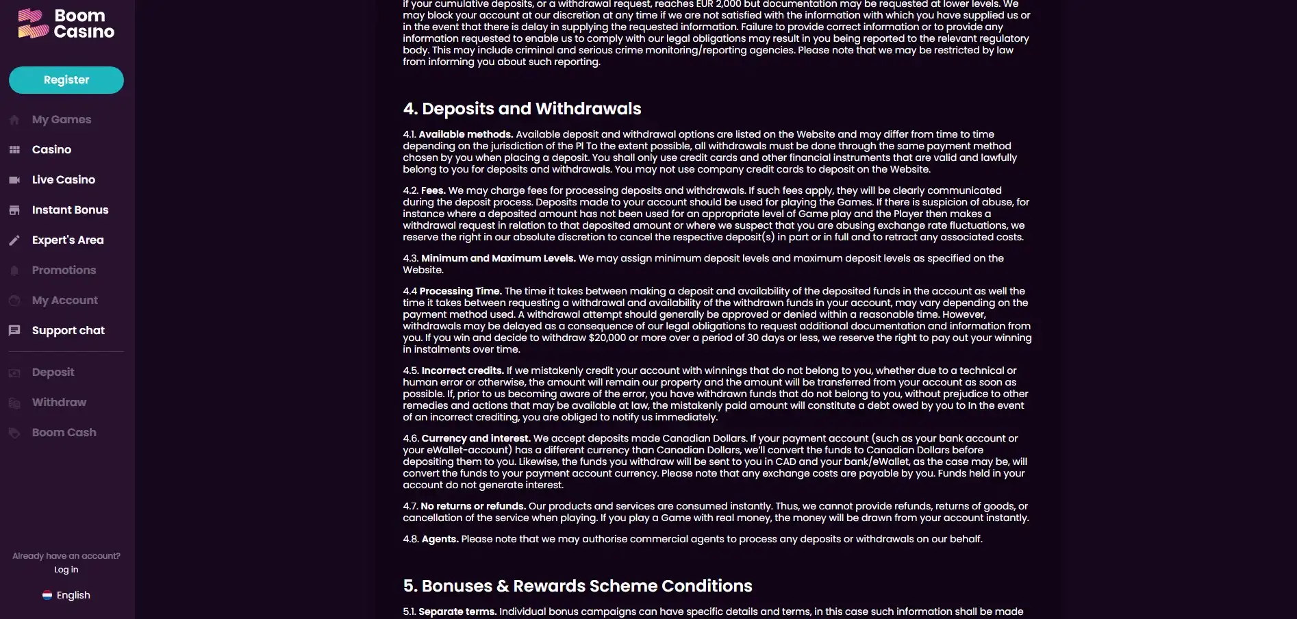 Boom Casino Payment Methods