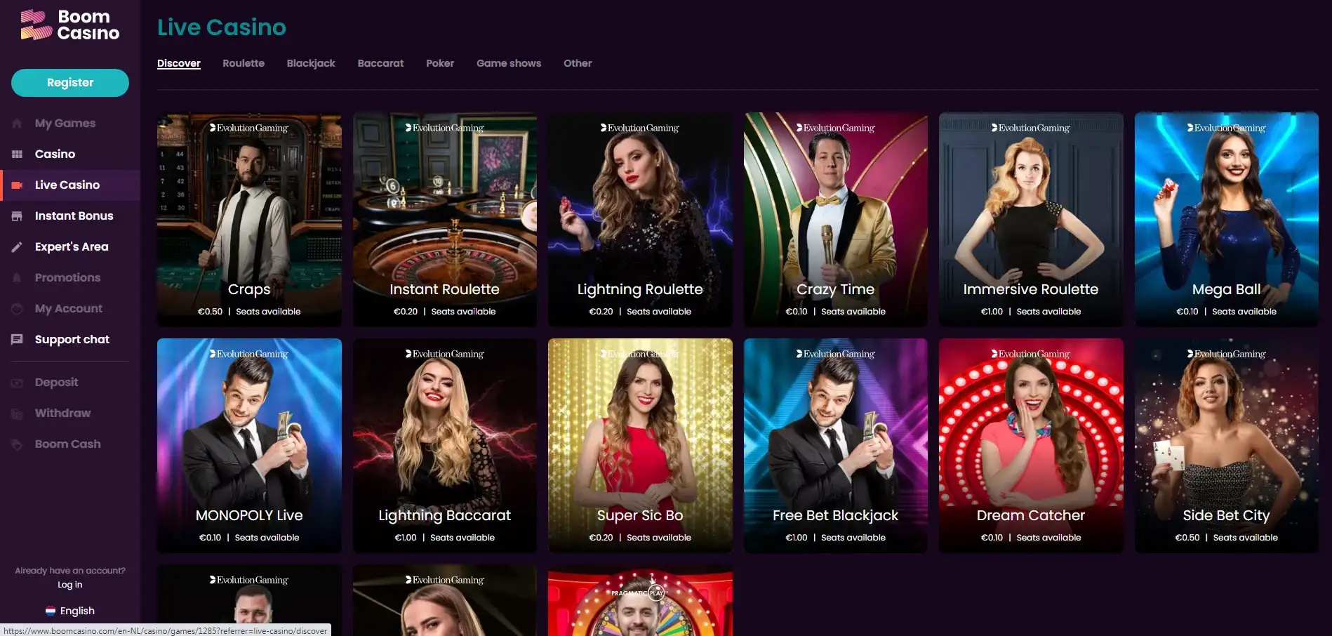 Boom Casino Live Dealer Games