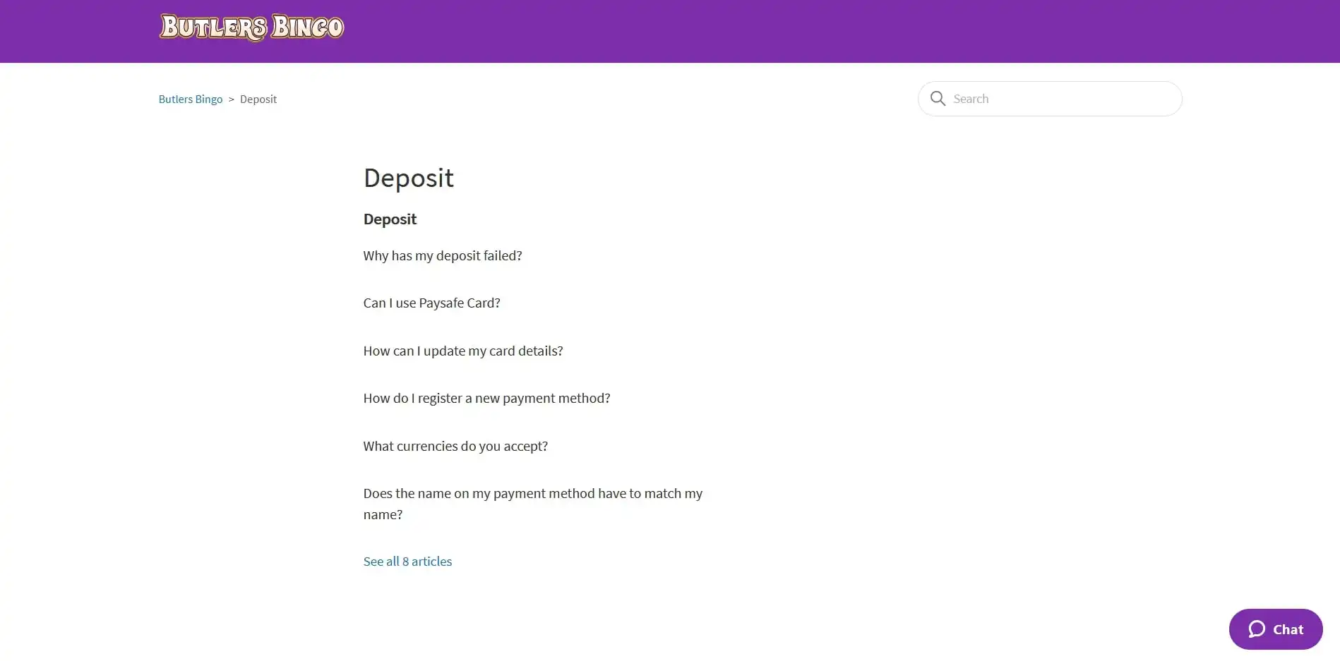 Butlers Bingo Casino Payment Methods