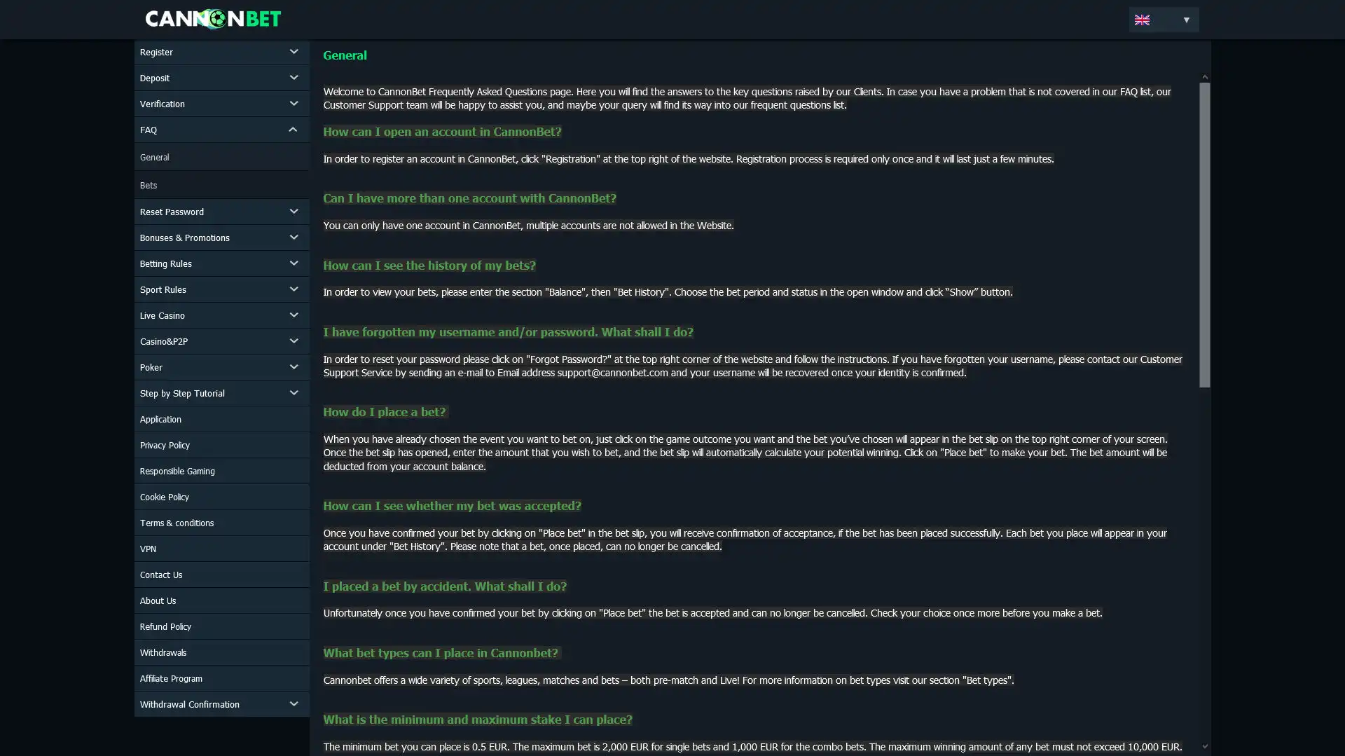CannonBet Casino Support