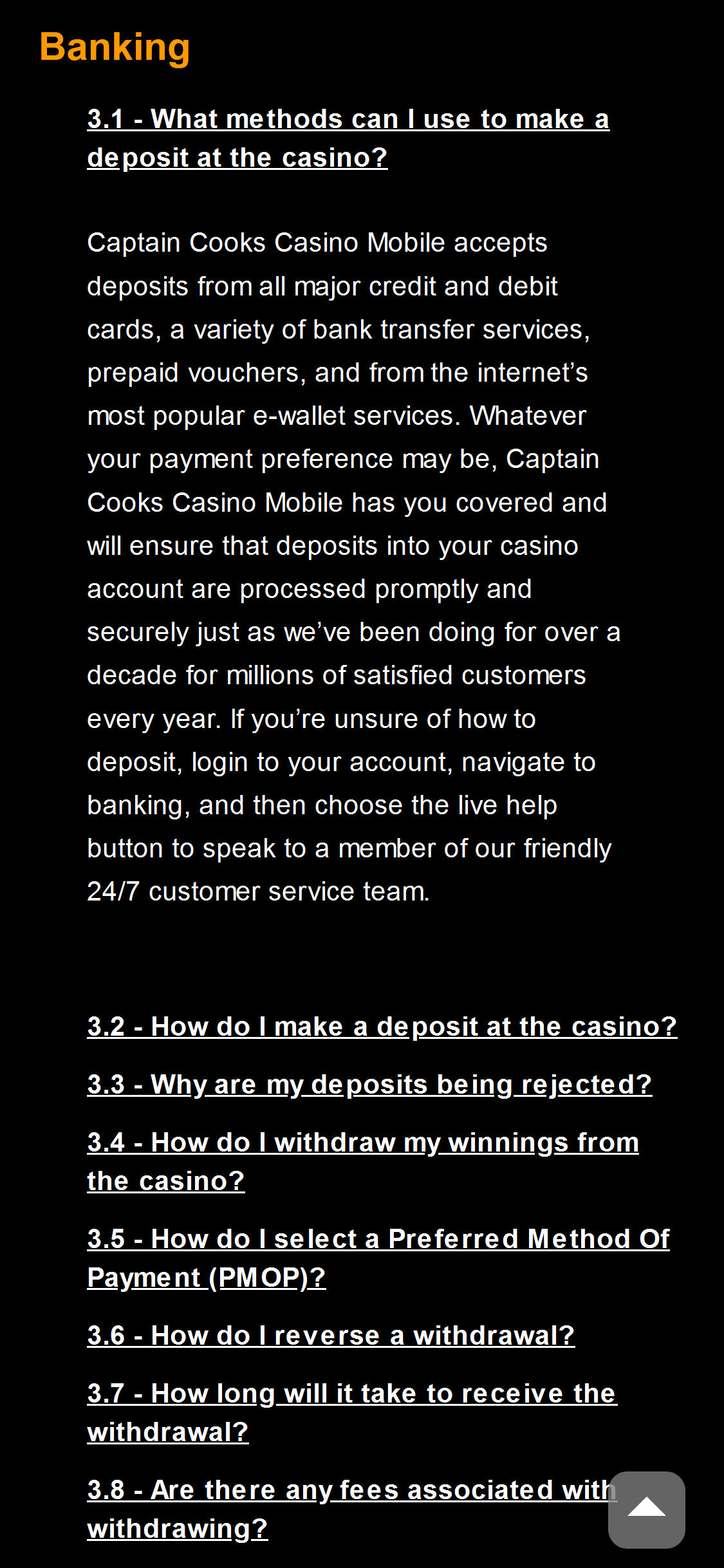Captain Cooks EU Casino Mobile Payment Methods Review