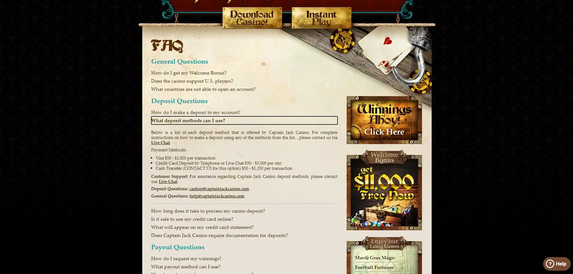 Captain Jack Casino Payment Methods