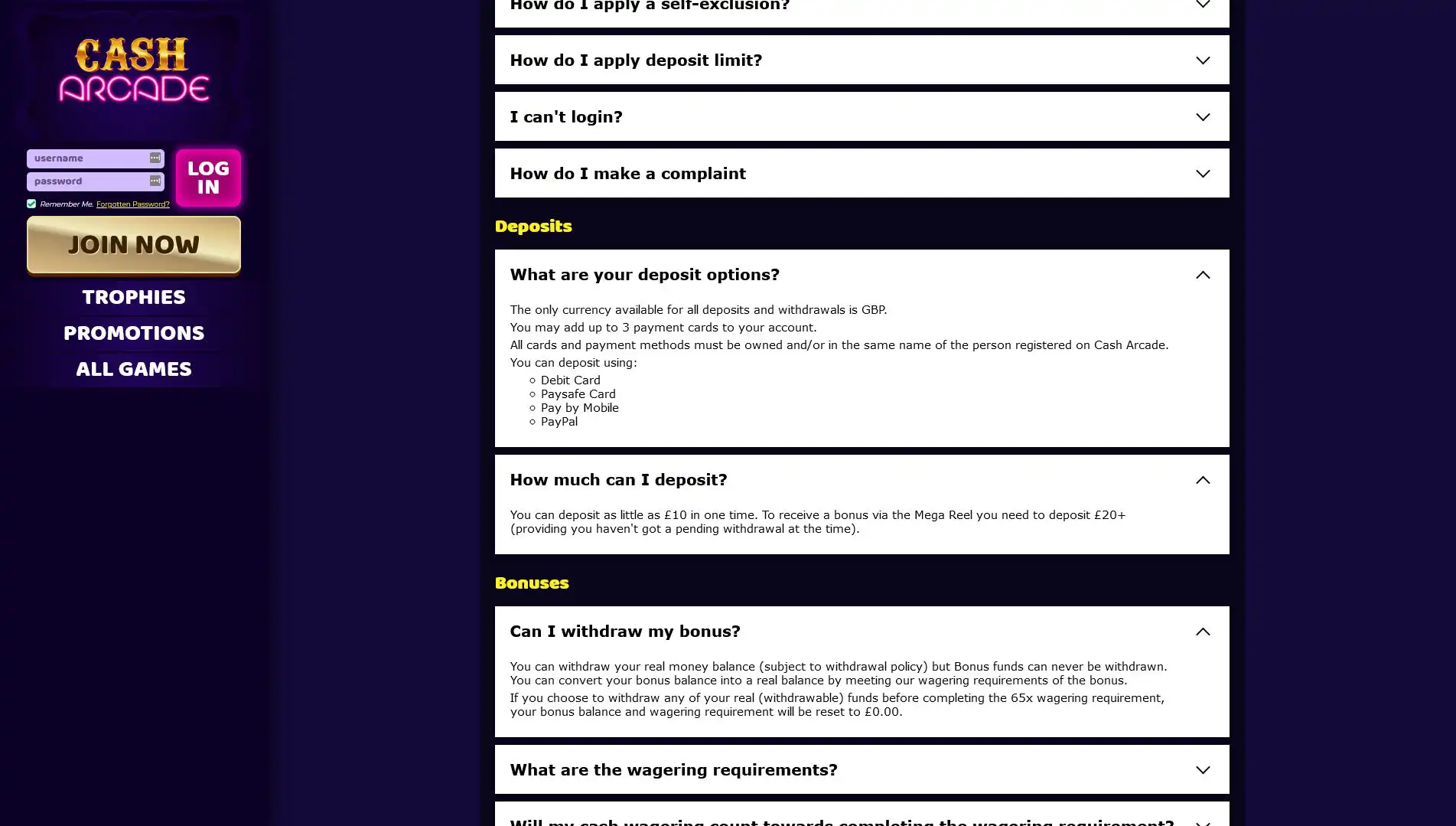 Cash Arcade Casino Payment Methods
